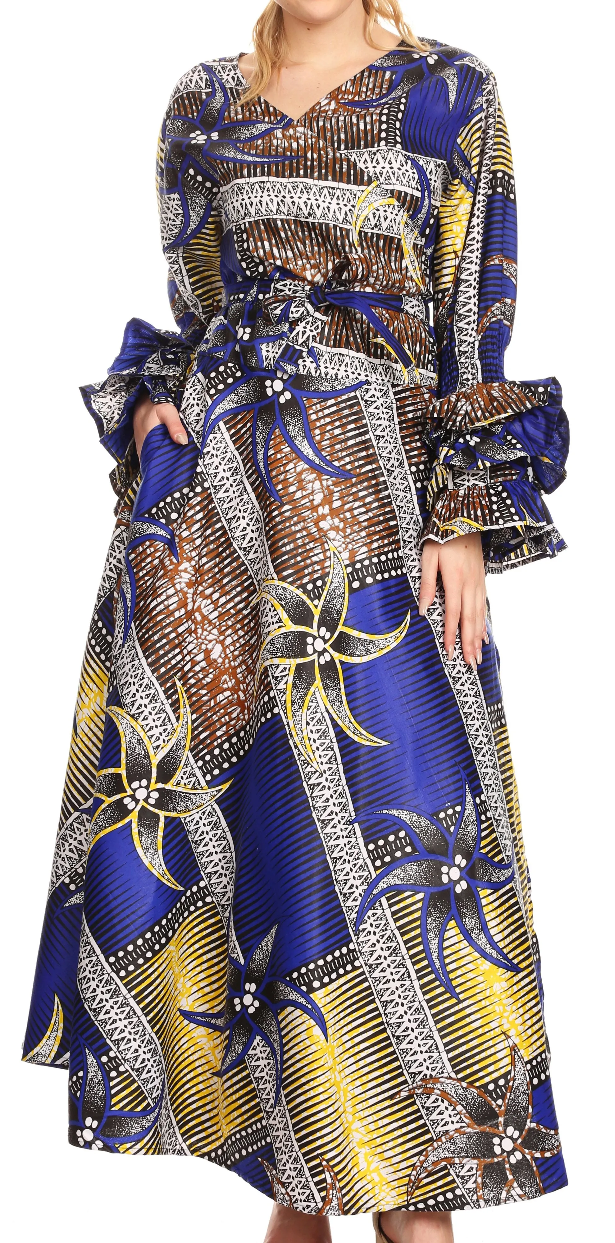 Sakkas Tale Women's Maxi Long Sleeve Wrap Dress with Pockets African Ankara Print