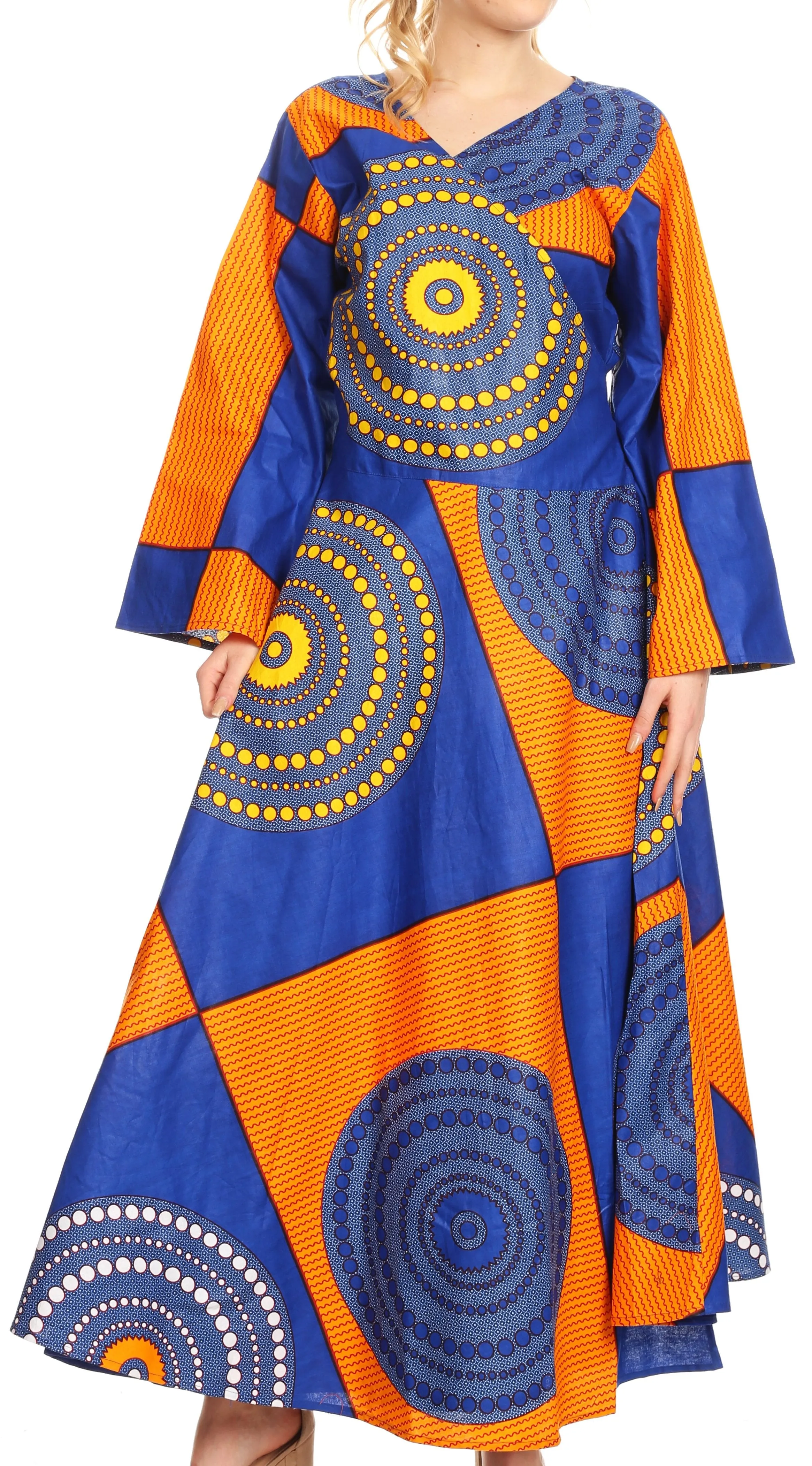 Sakkas Tale Women's Maxi Long Sleeve Wrap Dress with Pockets African Ankara Print