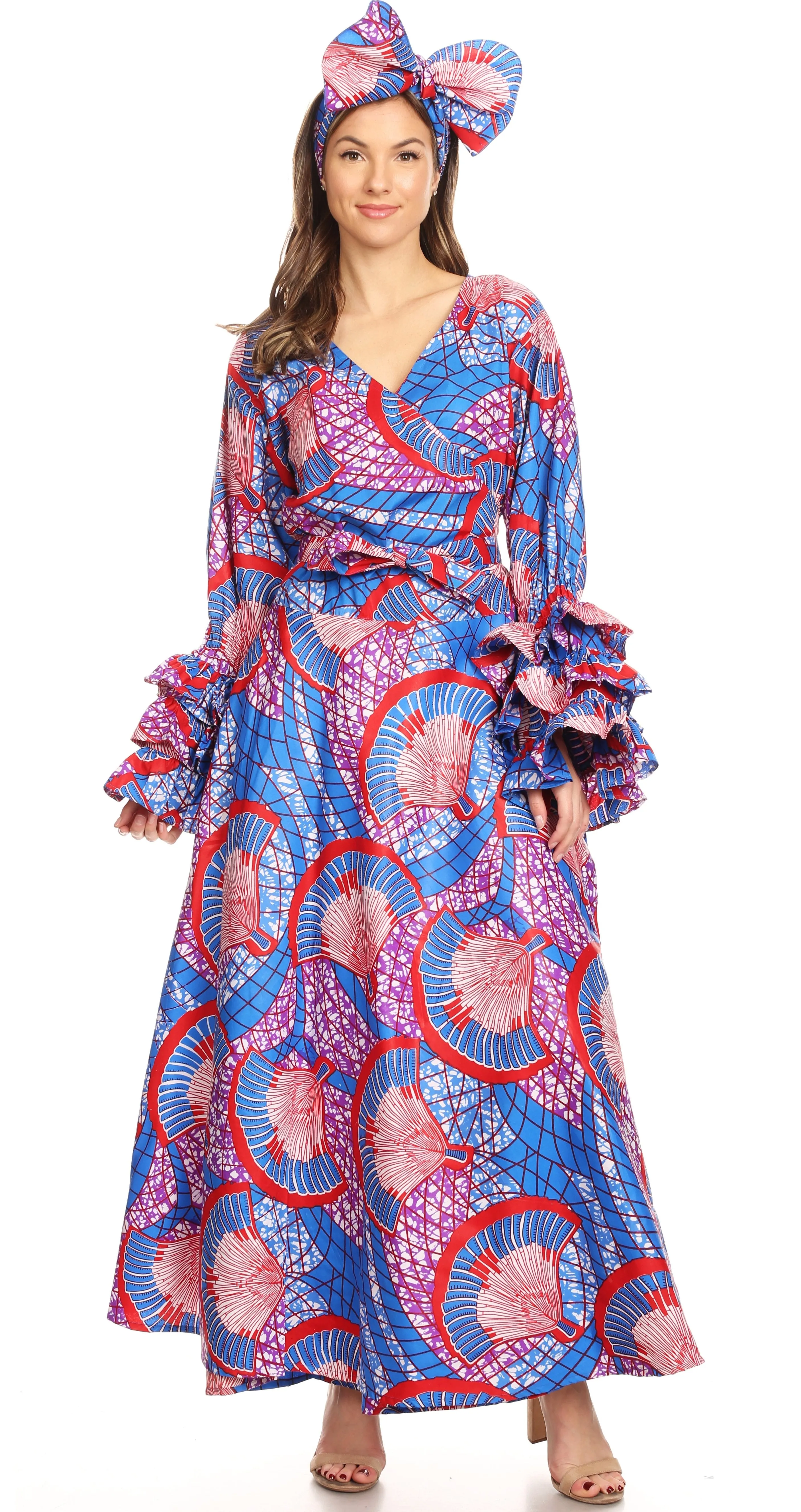 Sakkas Tale Women's Maxi Long Sleeve Wrap Dress with Pockets African Ankara Print