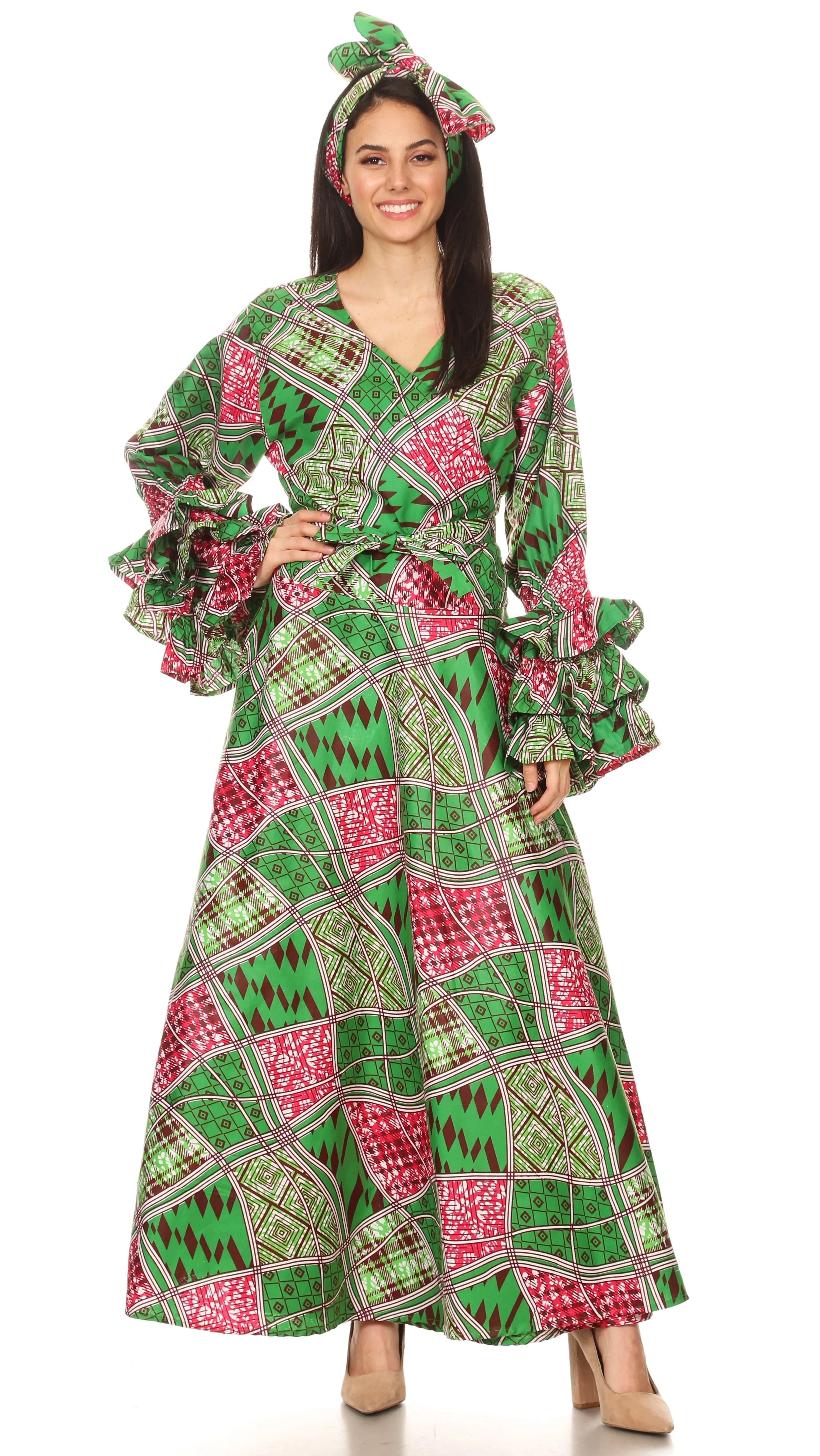 Sakkas Tale Women's Maxi Long Sleeve Wrap Dress with Pockets African Ankara Print