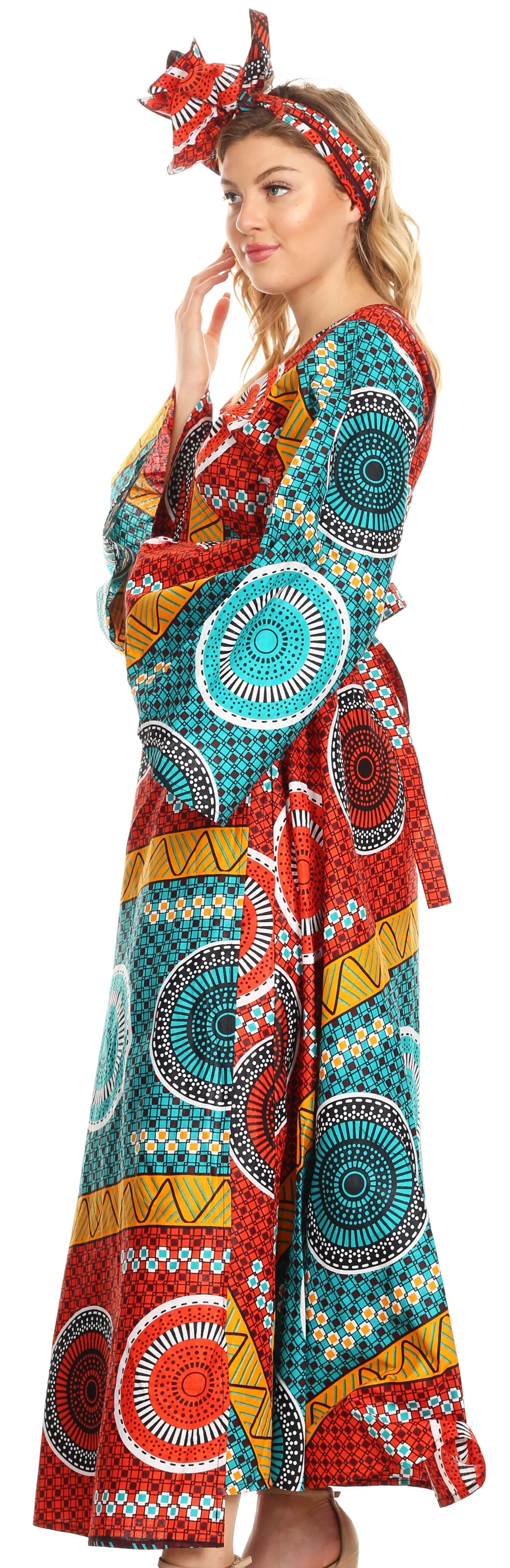 Sakkas Tale Women's Maxi Long Sleeve Wrap Dress with Pockets African Ankara Print