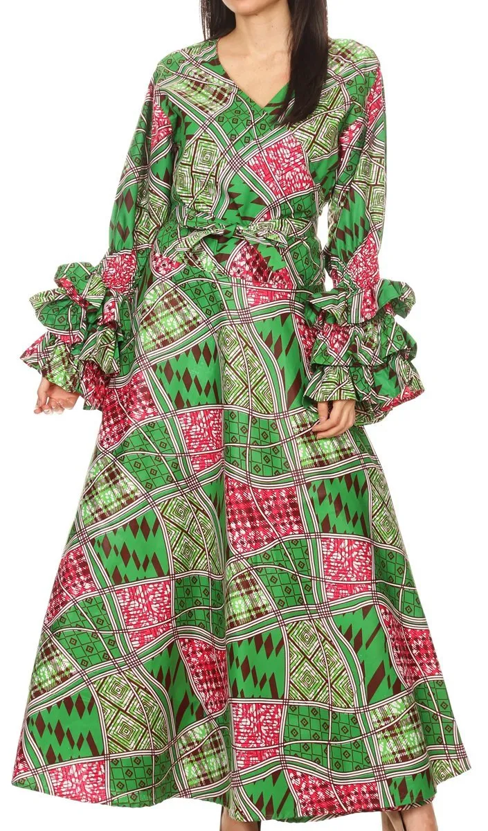 Sakkas Tale Women's Maxi Long Sleeve Wrap Dress with Pockets African Ankara Print