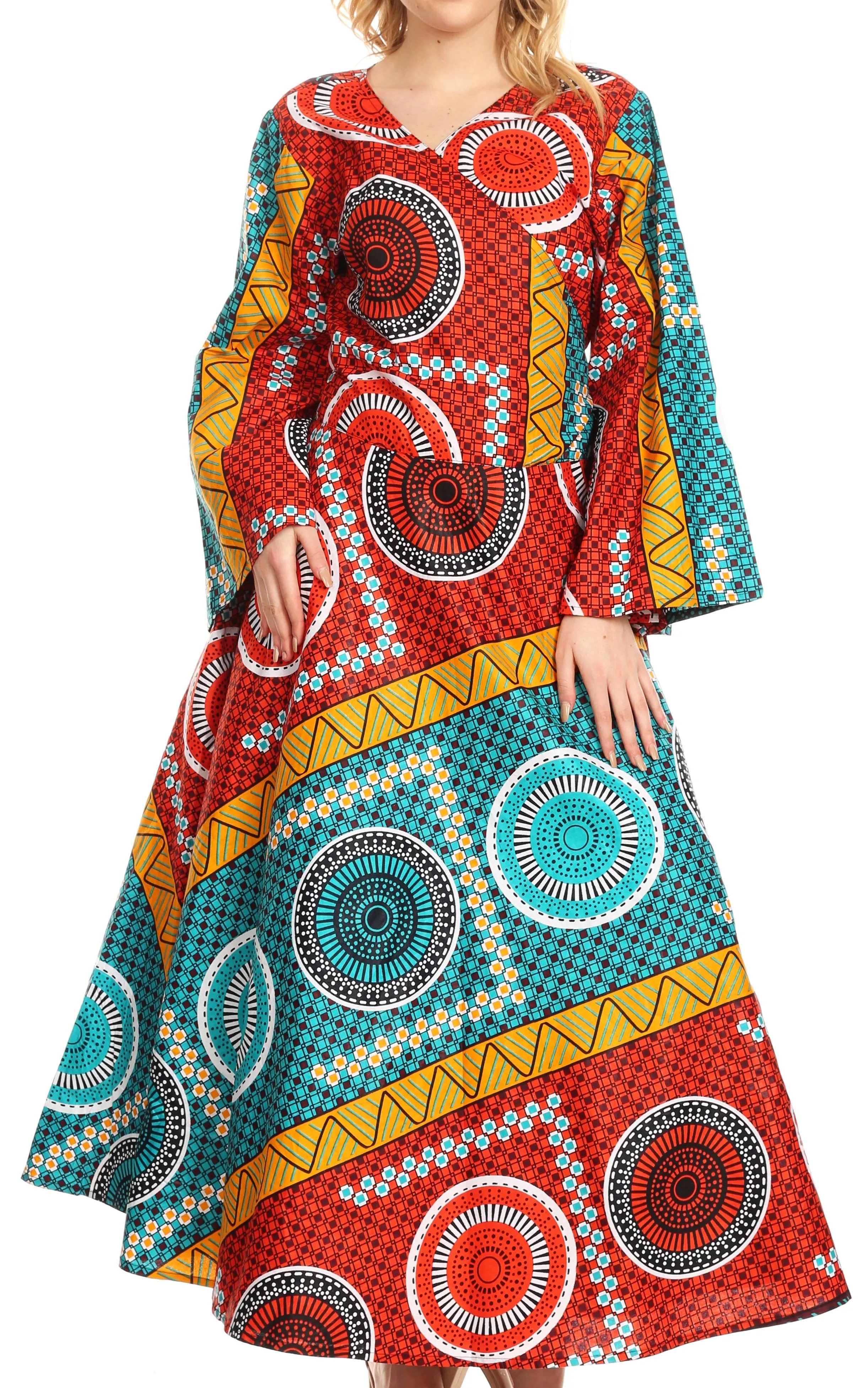 Sakkas Tale Women's Maxi Long Sleeve Wrap Dress with Pockets African Ankara Print