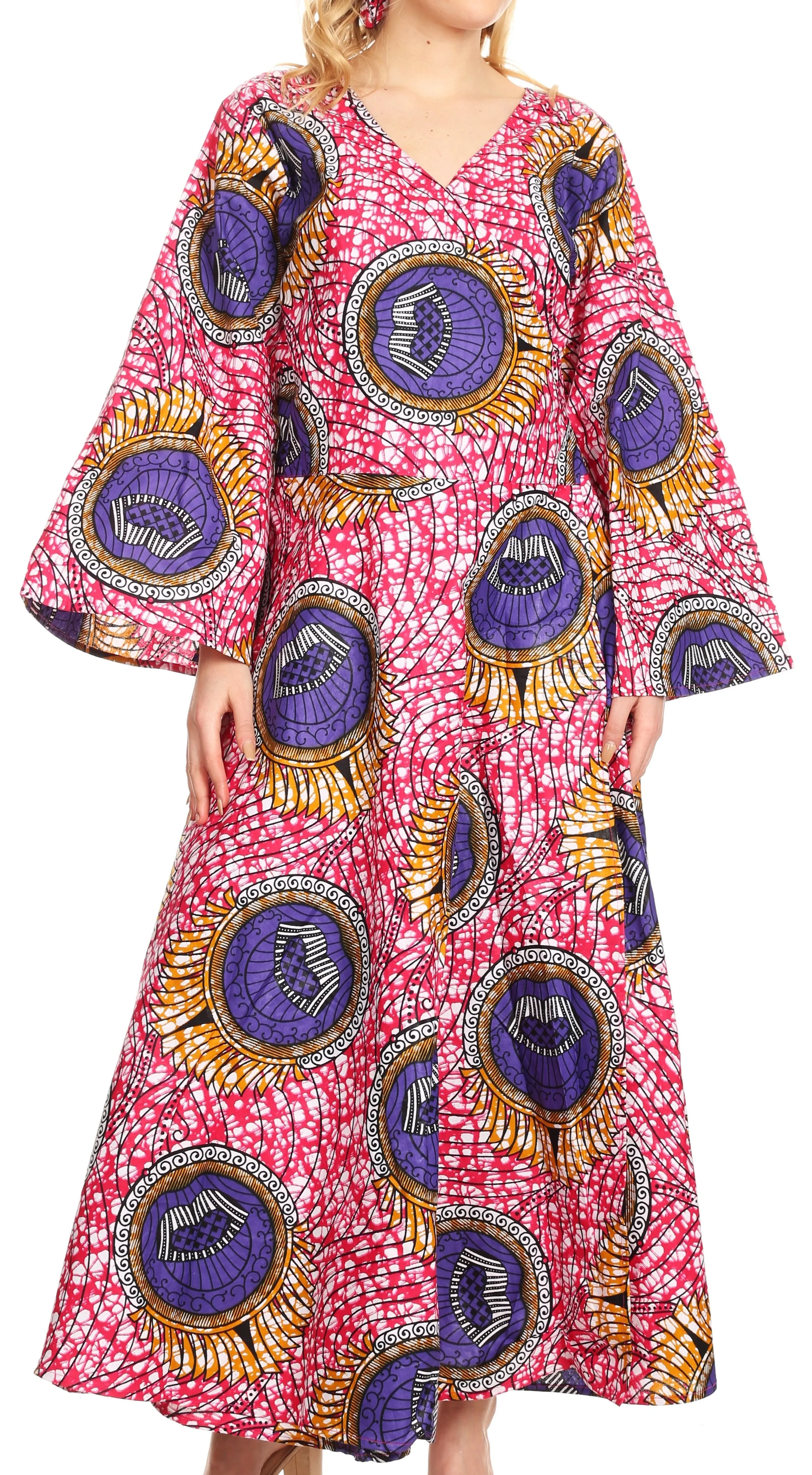 Sakkas Tale Women's Maxi Long Sleeve Wrap Dress with Pockets African Ankara Print