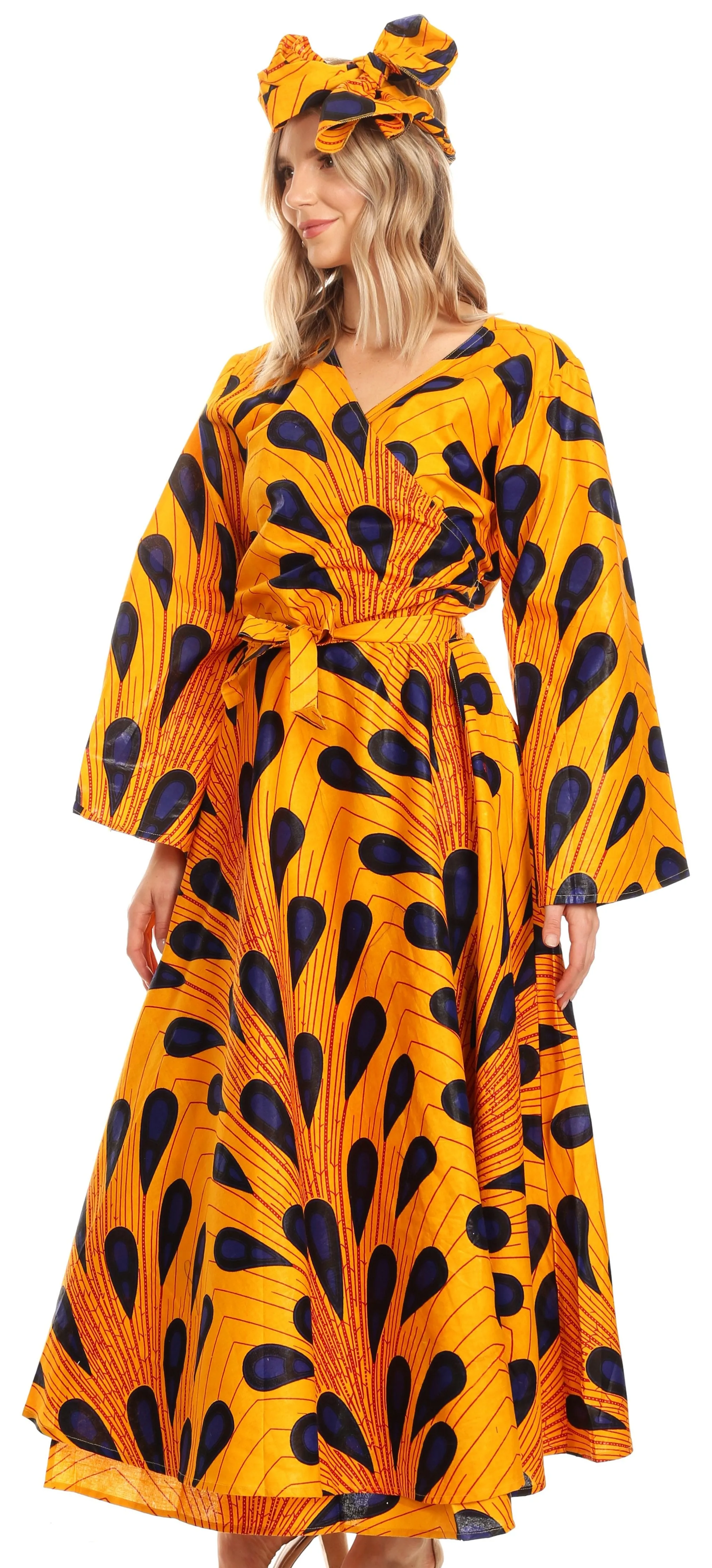 Sakkas Tale Women's Maxi Long Sleeve Wrap Dress with Pockets African Ankara Print