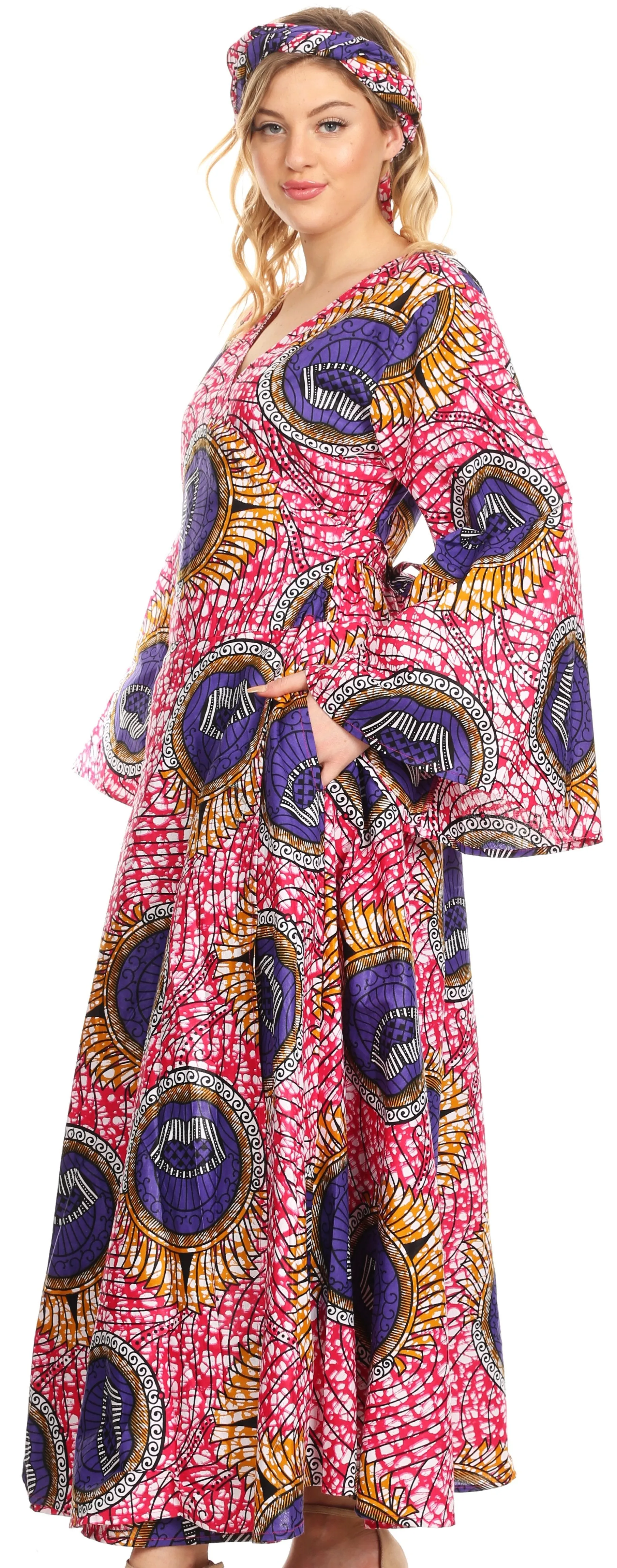 Sakkas Tale Women's Maxi Long Sleeve Wrap Dress with Pockets African Ankara Print