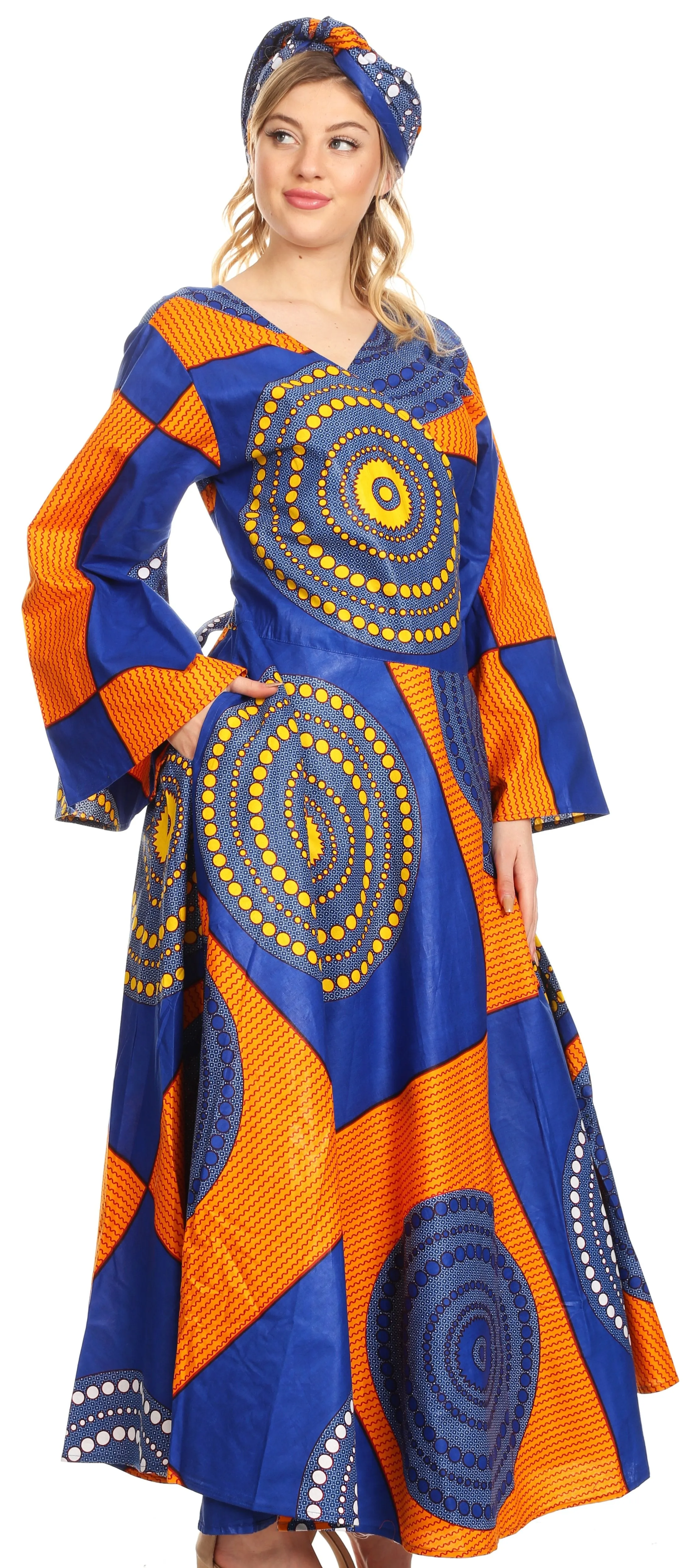 Sakkas Tale Women's Maxi Long Sleeve Wrap Dress with Pockets African Ankara Print