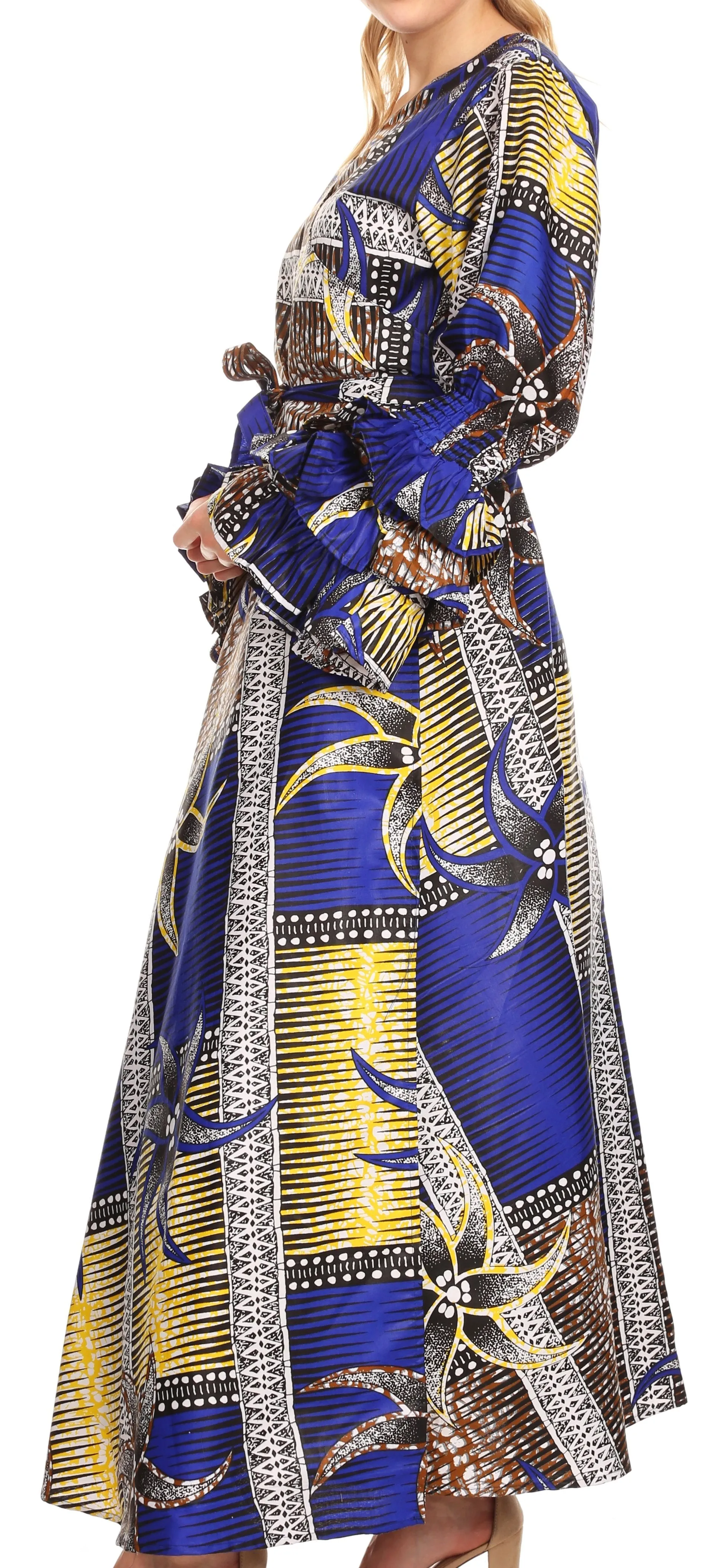 Sakkas Tale Women's Maxi Long Sleeve Wrap Dress with Pockets African Ankara Print