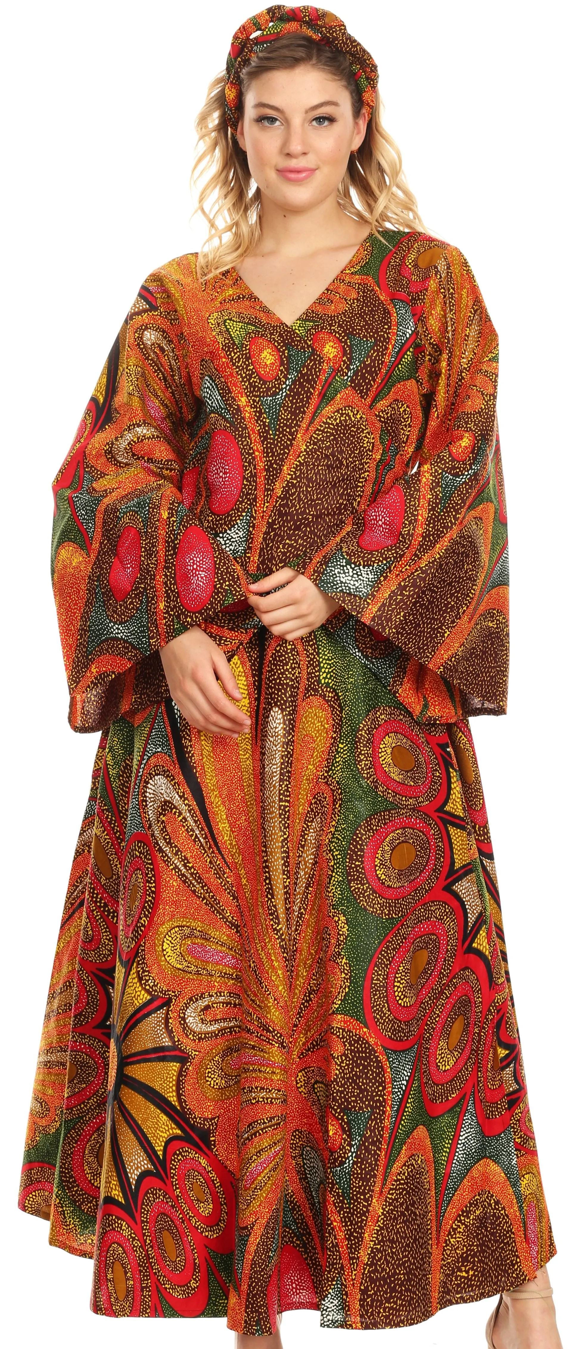 Sakkas Tale Women's Maxi Long Sleeve Wrap Dress with Pockets African Ankara Print