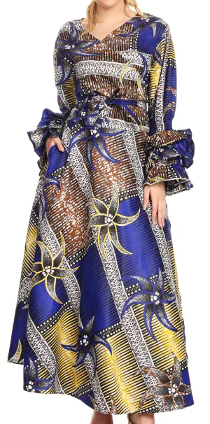 Sakkas Tale Women's Maxi Long Sleeve Wrap Dress with Pockets African Ankara Print