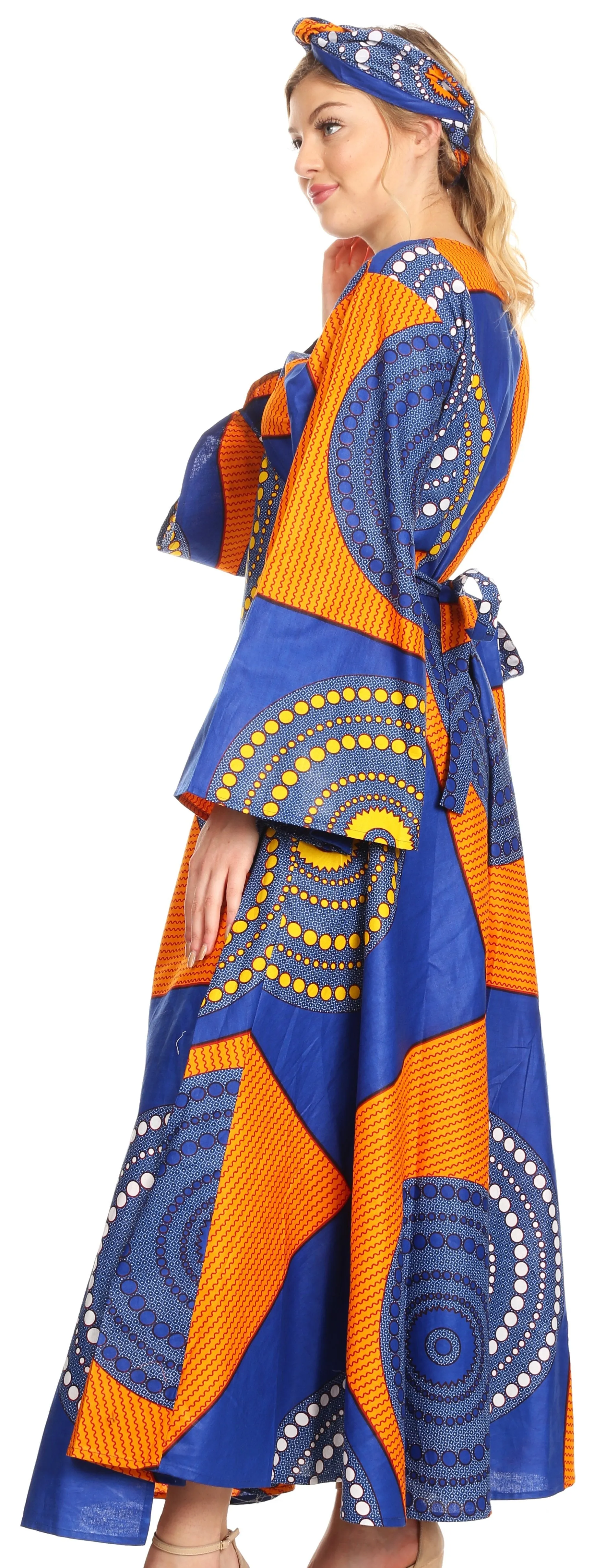 Sakkas Tale Women's Maxi Long Sleeve Wrap Dress with Pockets African Ankara Print