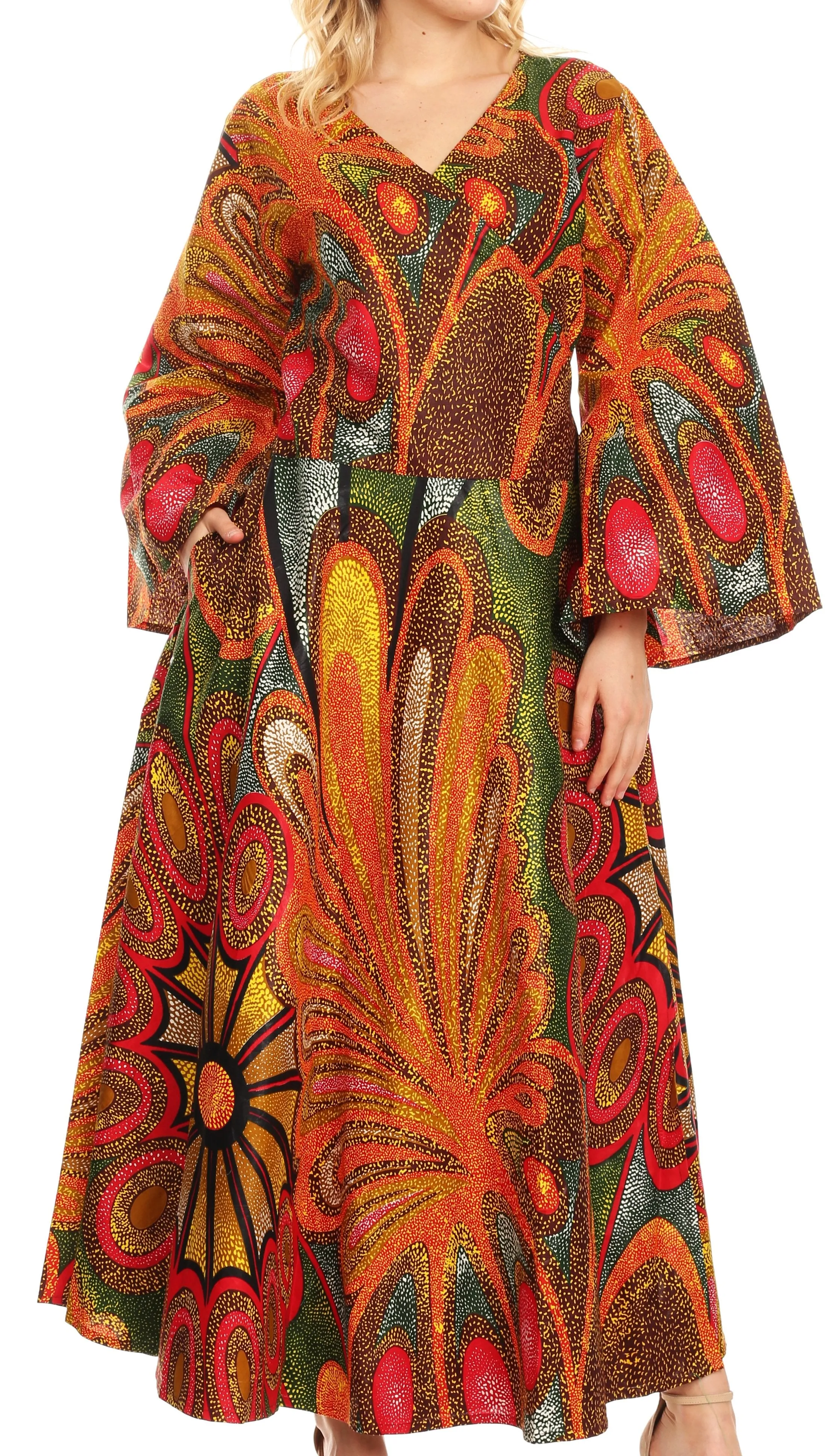 Sakkas Tale Women's Maxi Long Sleeve Wrap Dress with Pockets African Ankara Print