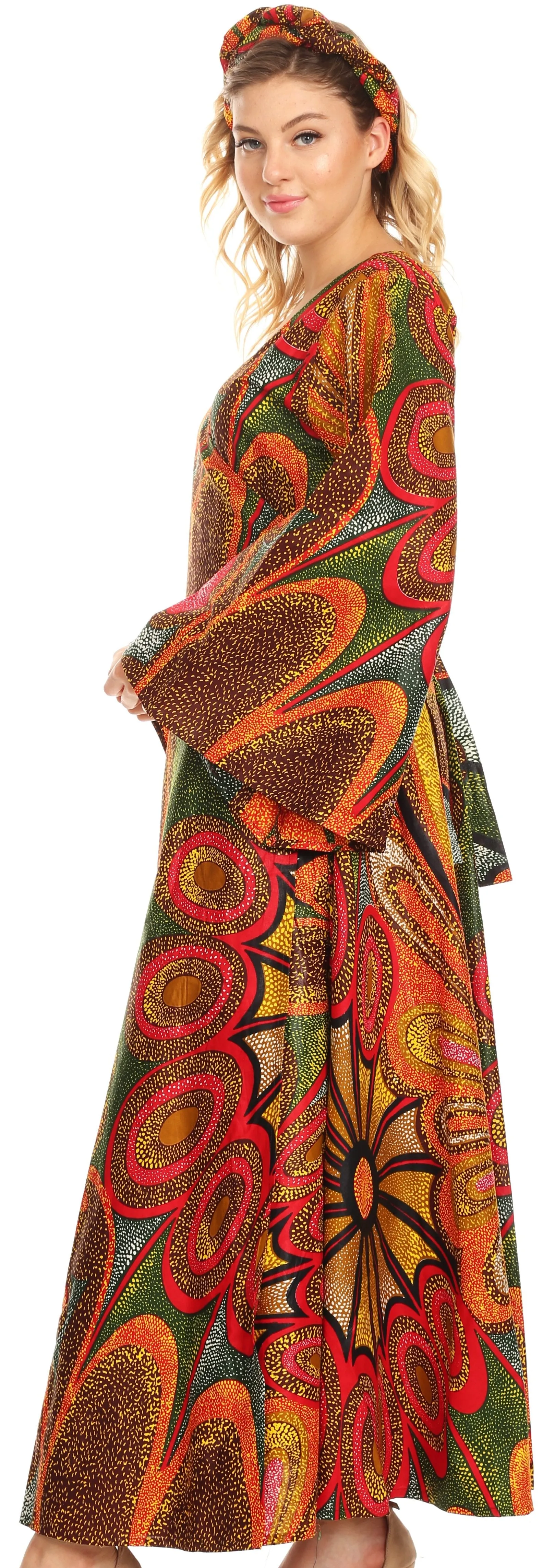 Sakkas Tale Women's Maxi Long Sleeve Wrap Dress with Pockets African Ankara Print