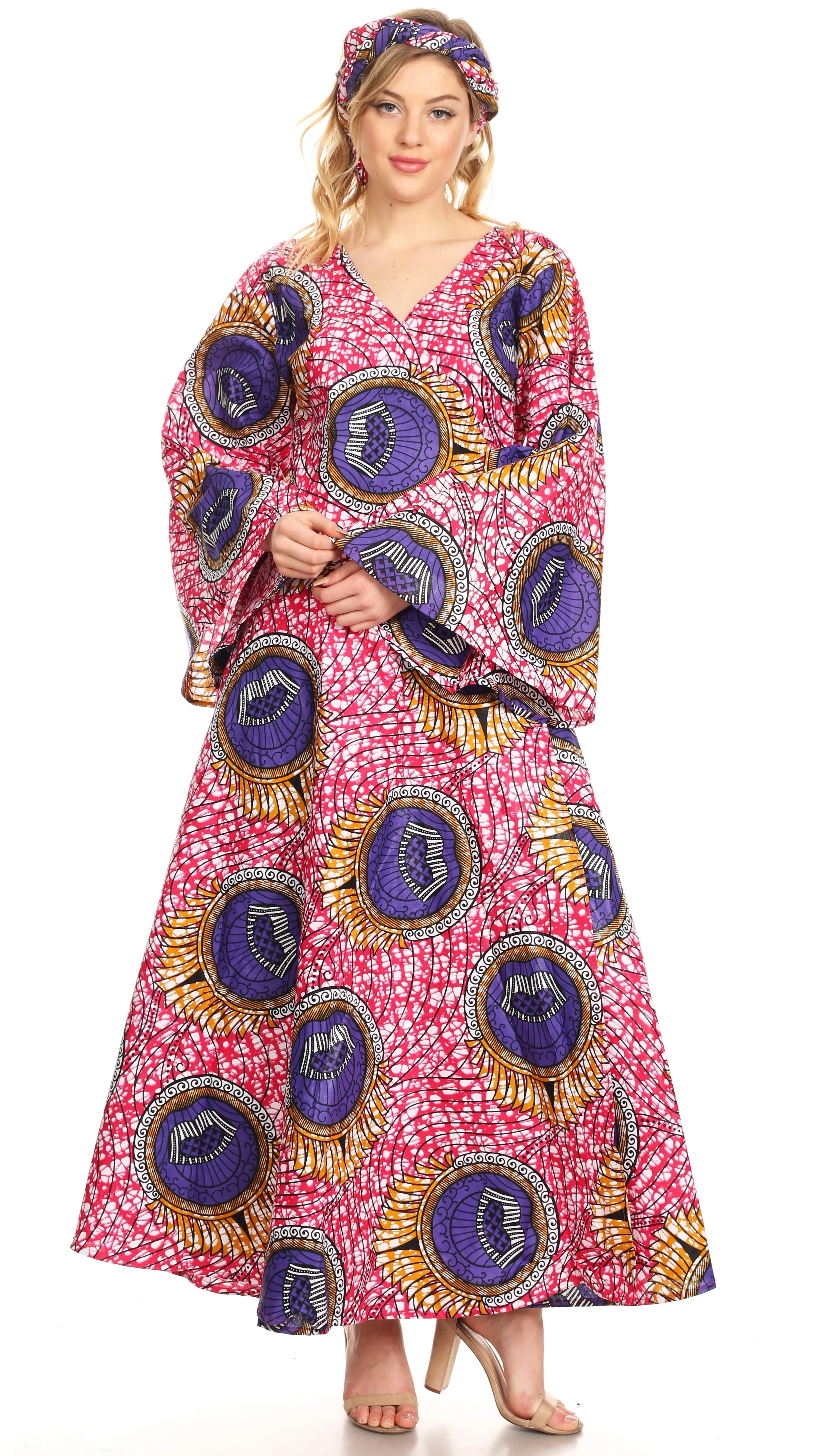 Sakkas Tale Women's Maxi Long Sleeve Wrap Dress with Pockets African Ankara Print