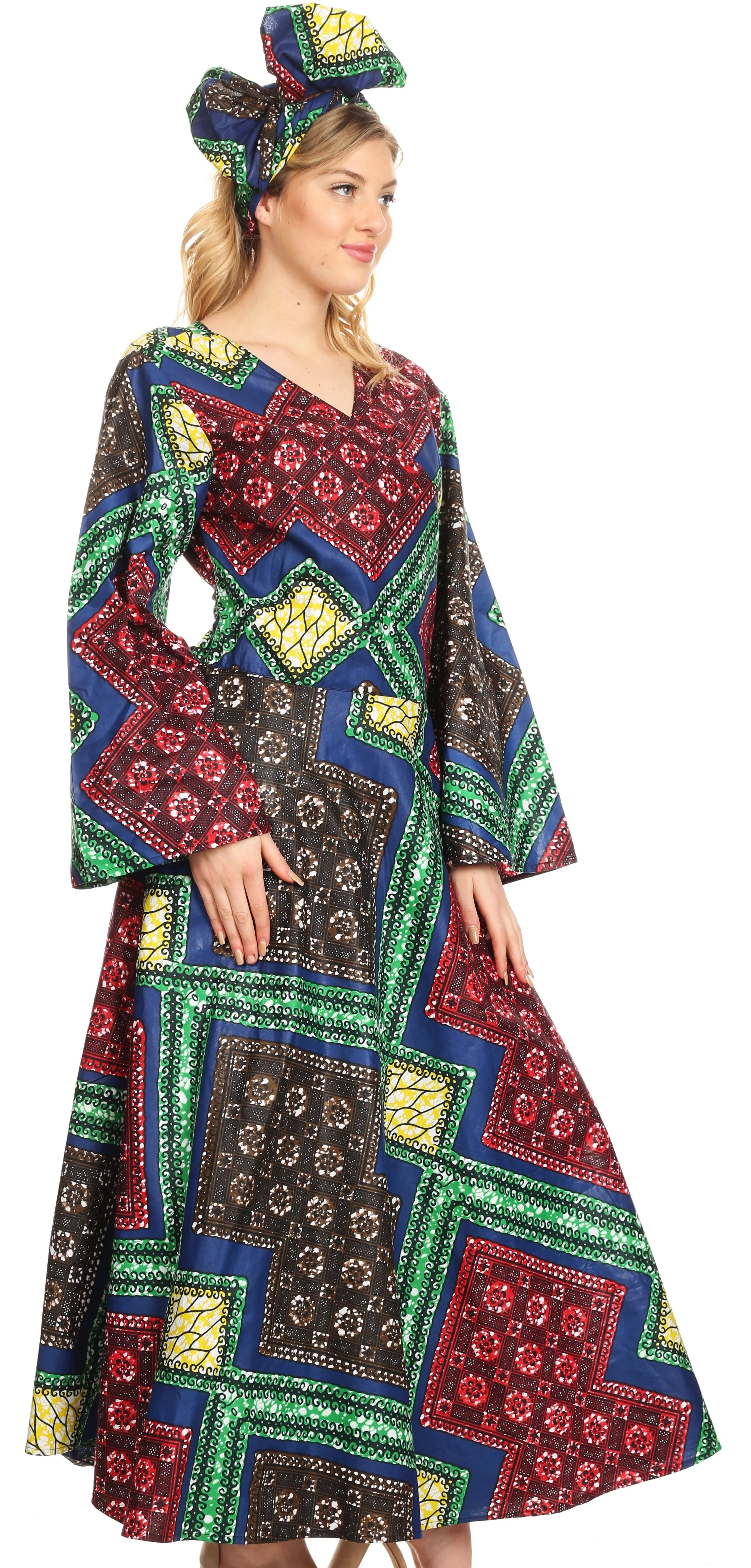 Sakkas Tale Women's Maxi Long Sleeve Wrap Dress with Pockets African Ankara Print