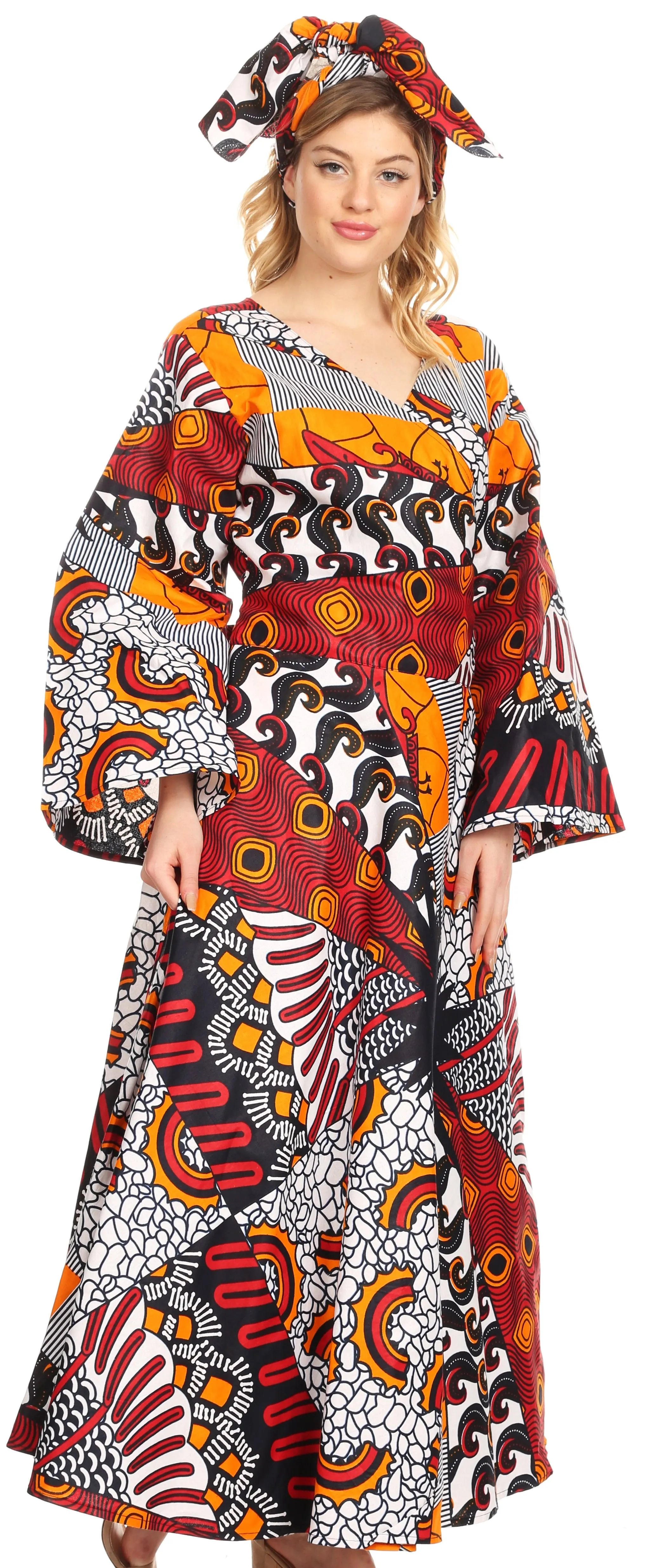 Sakkas Tale Women's Maxi Long Sleeve Wrap Dress with Pockets African Ankara Print