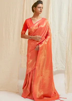 Salmon Orange & Golden Blend Kanjivaram Silk Saree