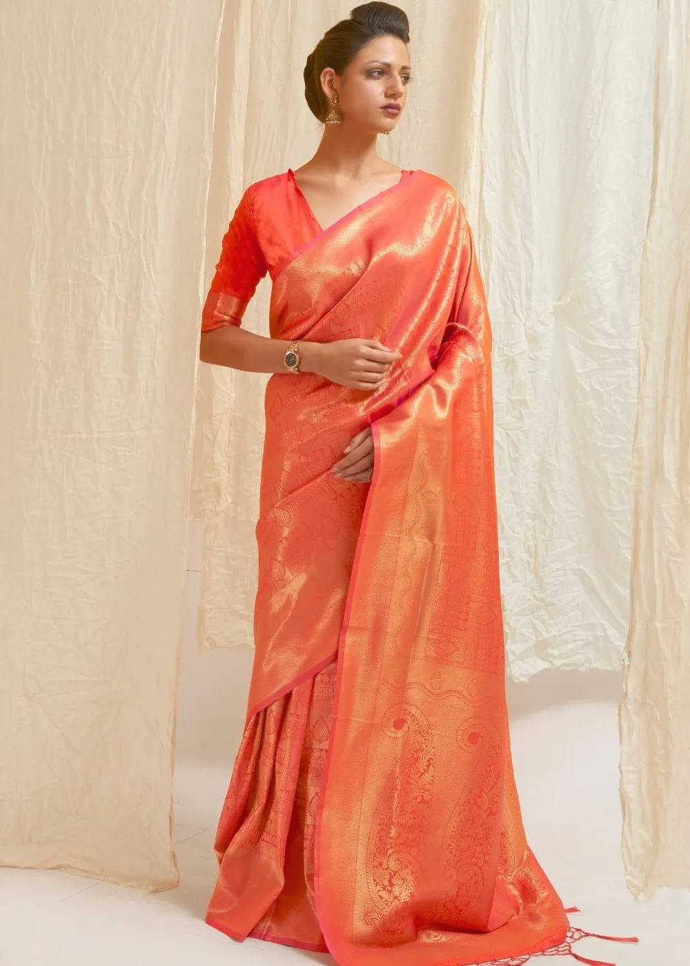 Salmon Orange & Golden Blend Kanjivaram Silk Saree