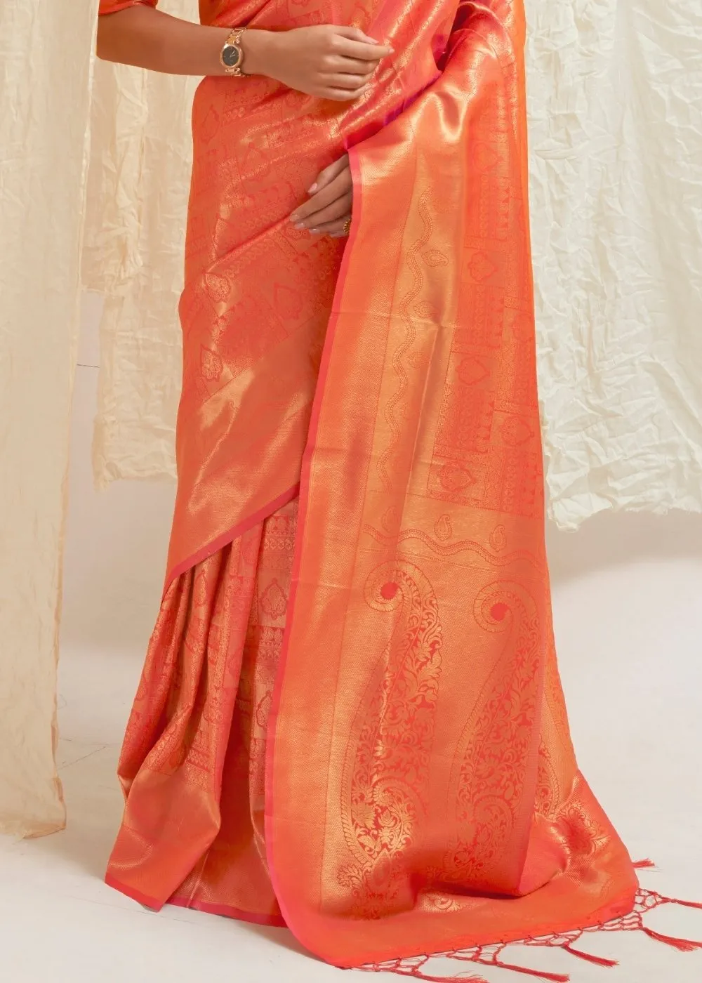 Salmon Orange & Golden Blend Kanjivaram Silk Saree