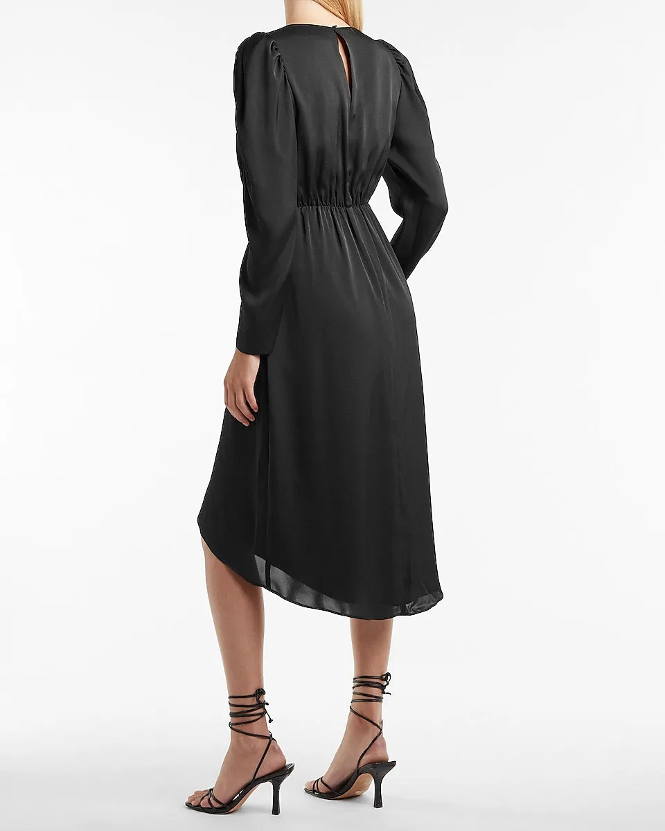 Satin Puff Shoulder Midi Dress in Pitch Black