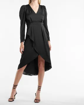 Satin Puff Shoulder Midi Dress in Pitch Black