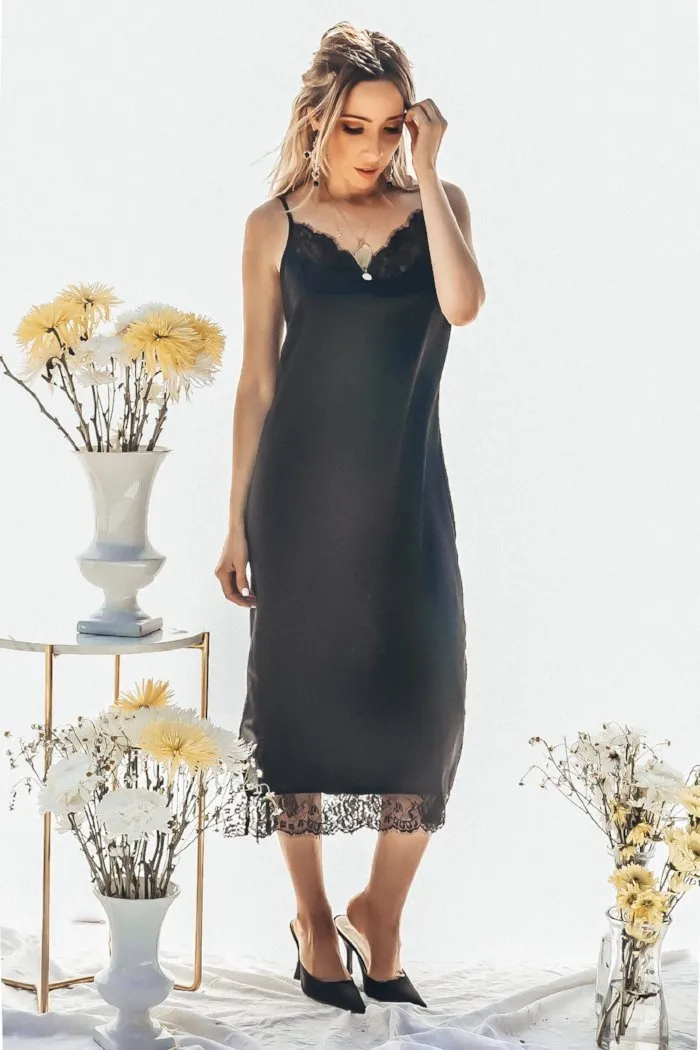 Satin Slip Midi Dress with Lace Trim - Black