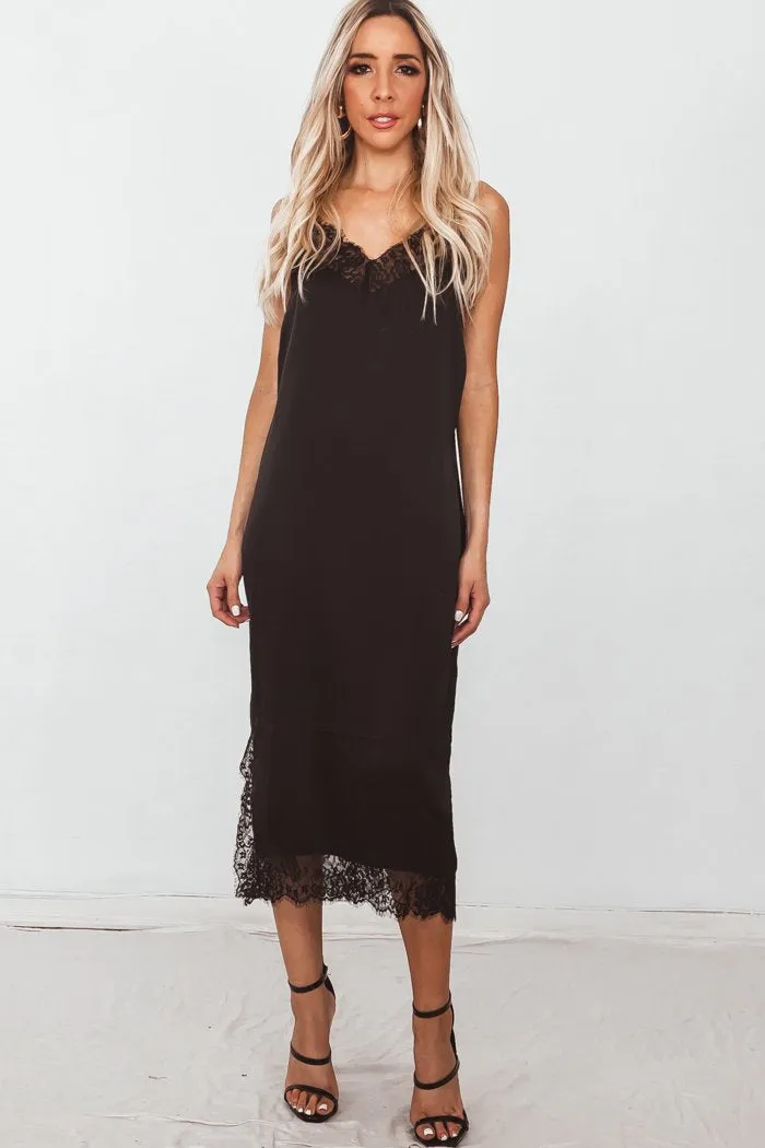 Satin Slip Midi Dress with Lace Trim - Black