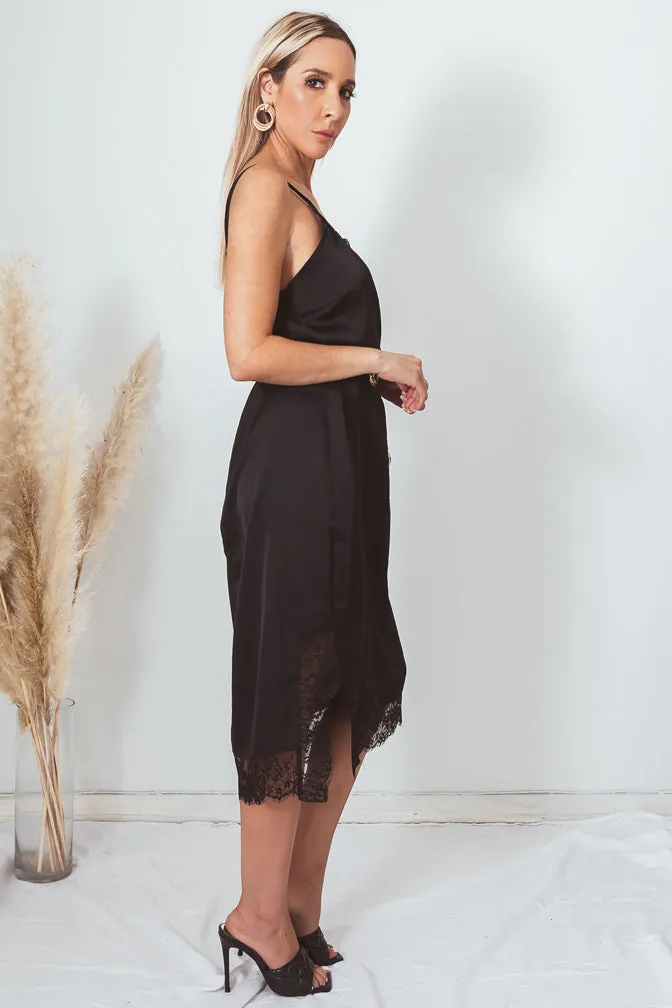 Satin Slip Midi Dress with Lace Trim - Black