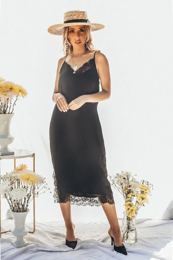 Satin Slip Midi Dress with Lace Trim - Black