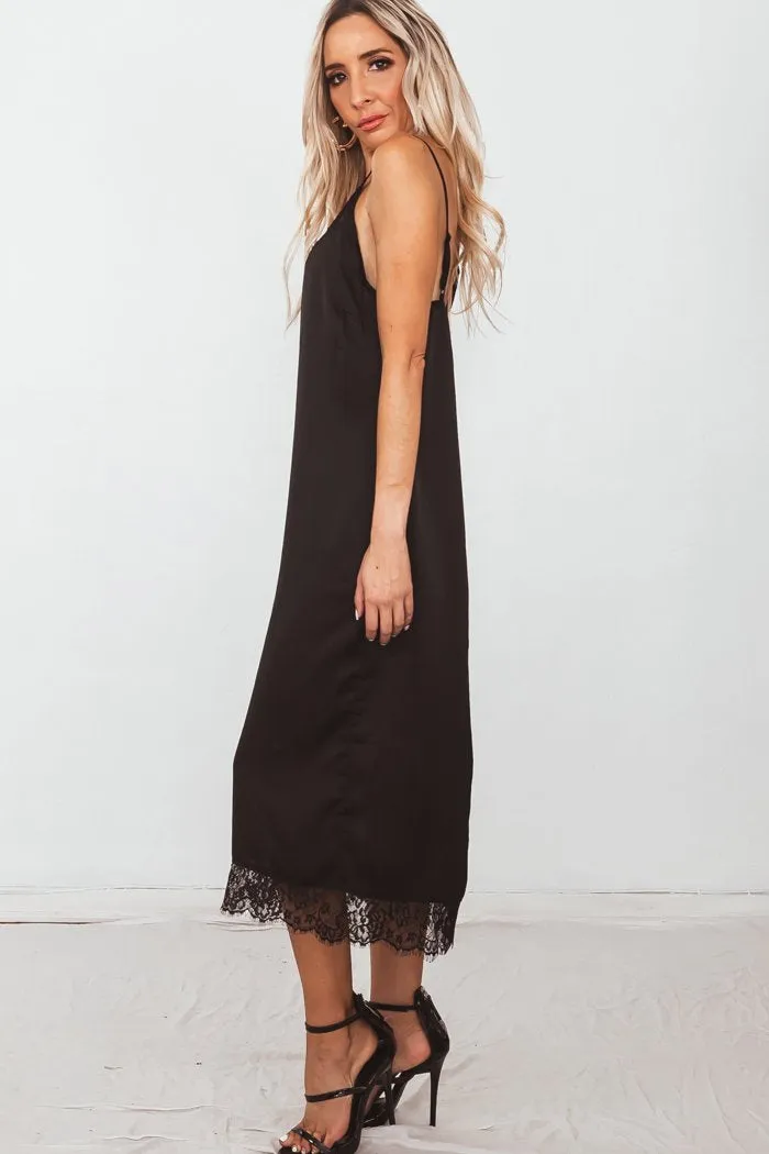 Satin Slip Midi Dress with Lace Trim - Black