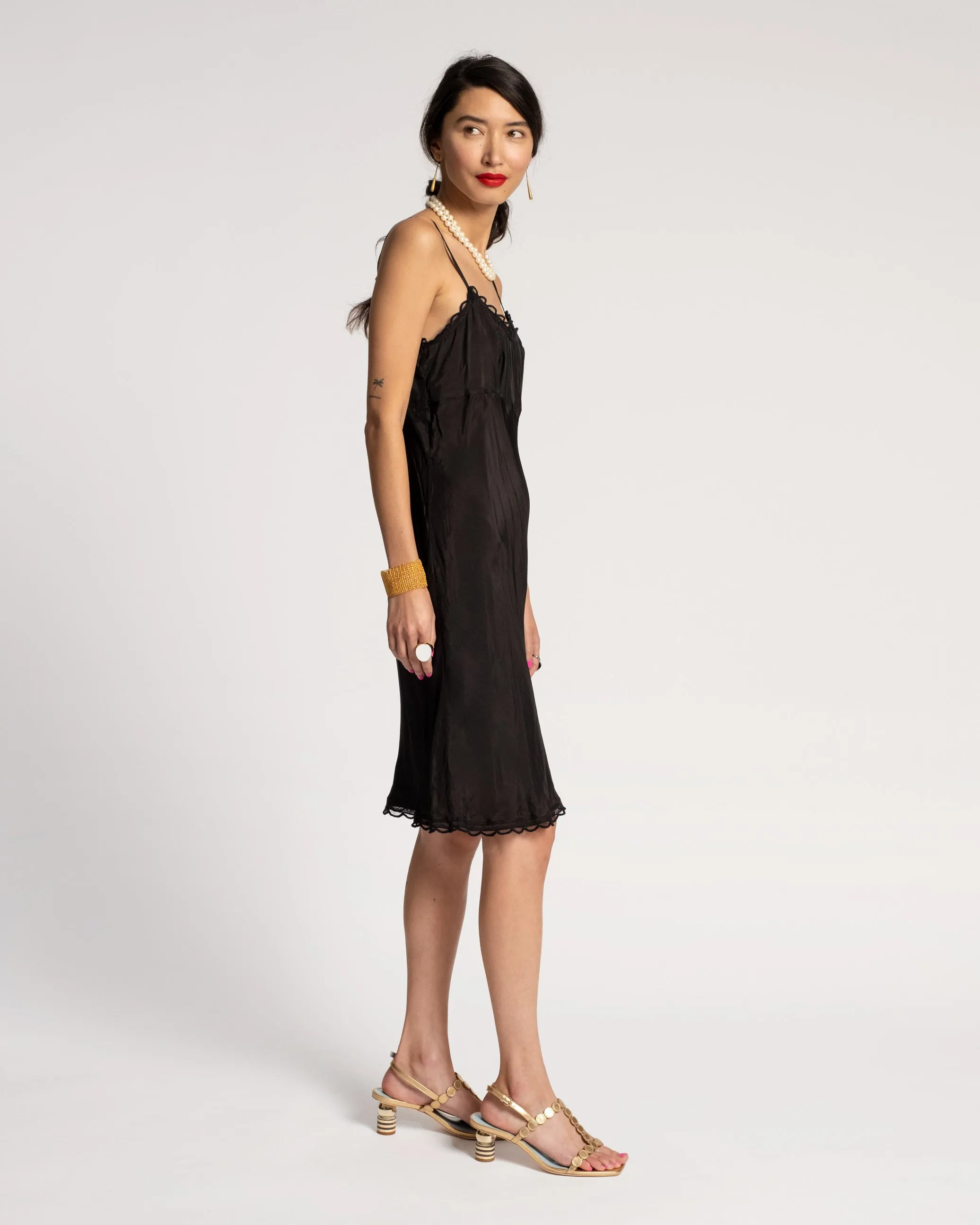 Scallop Slip Dress Silk Black