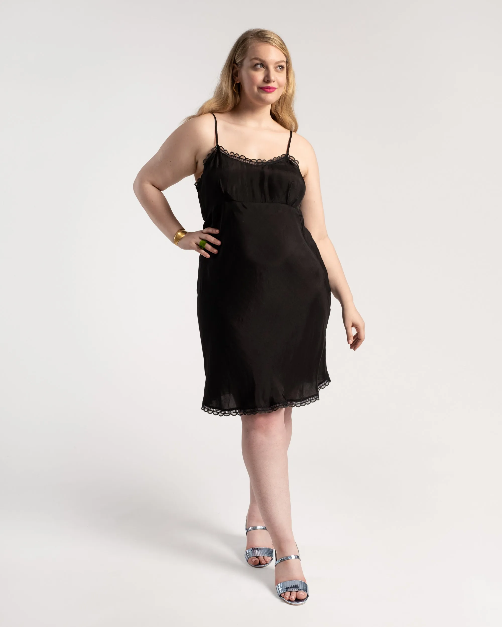 Scallop Slip Dress Silk Black