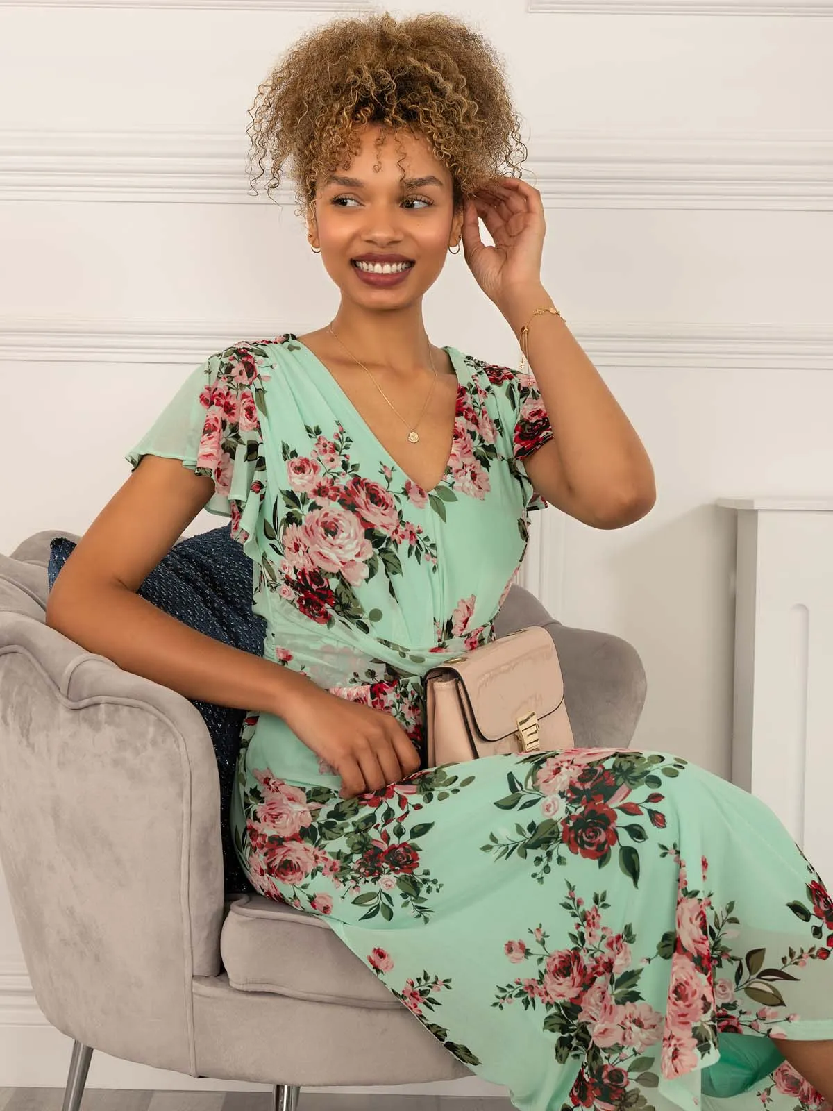 Scarlett Cap Sleeve Mesh Midi Dress, Green Floral