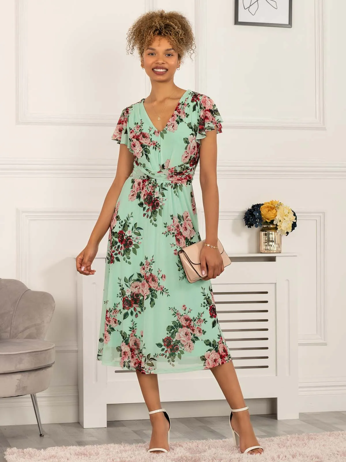 Scarlett Cap Sleeve Mesh Midi Dress, Green Floral