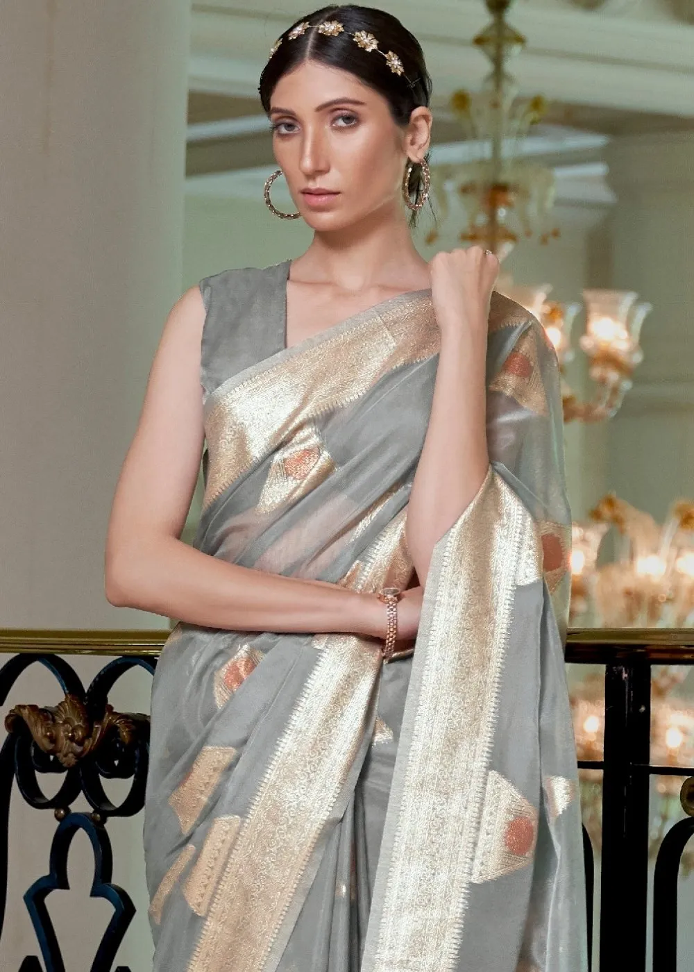 Seal Grey Banarasi-Chanderi Fusion Woven Silk Saree