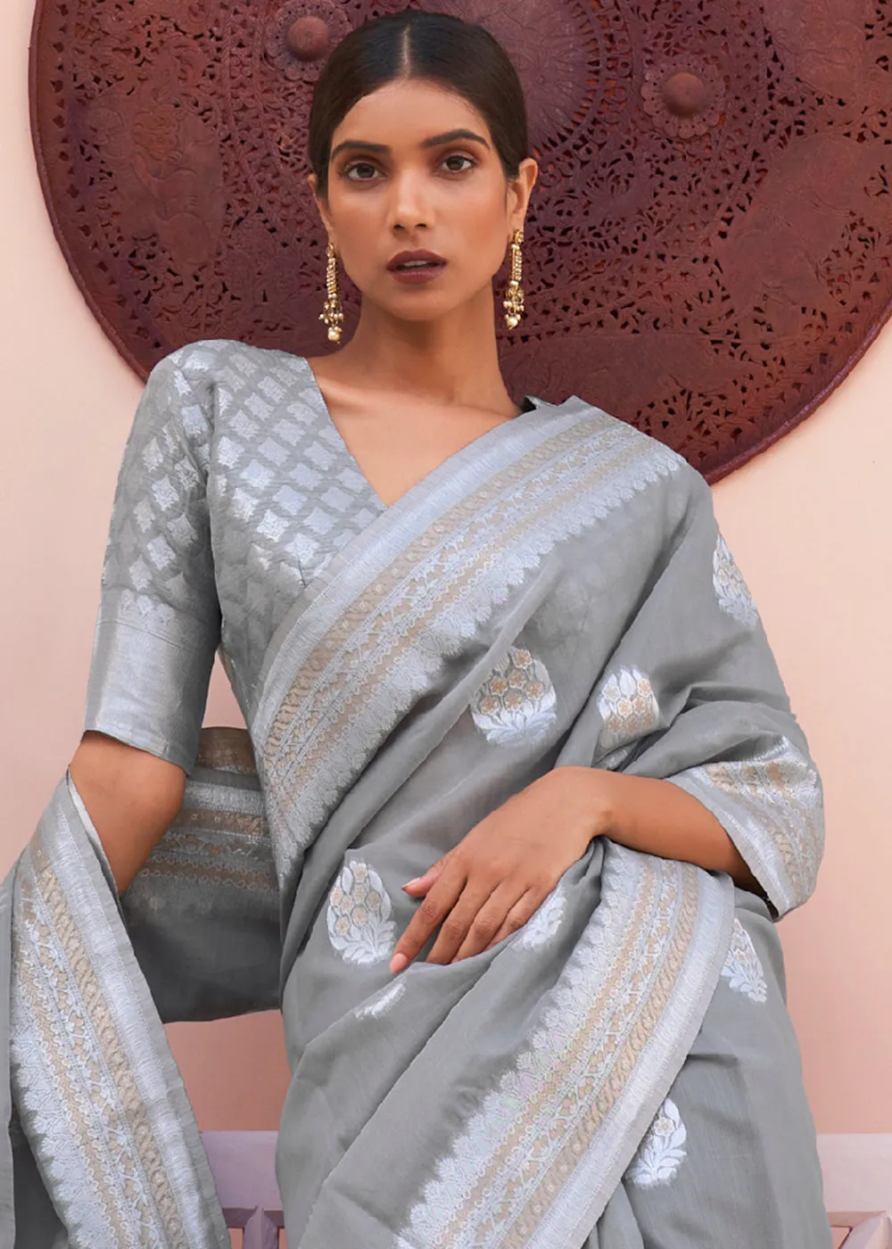 Seal Grey Woven Linen Silk Saree