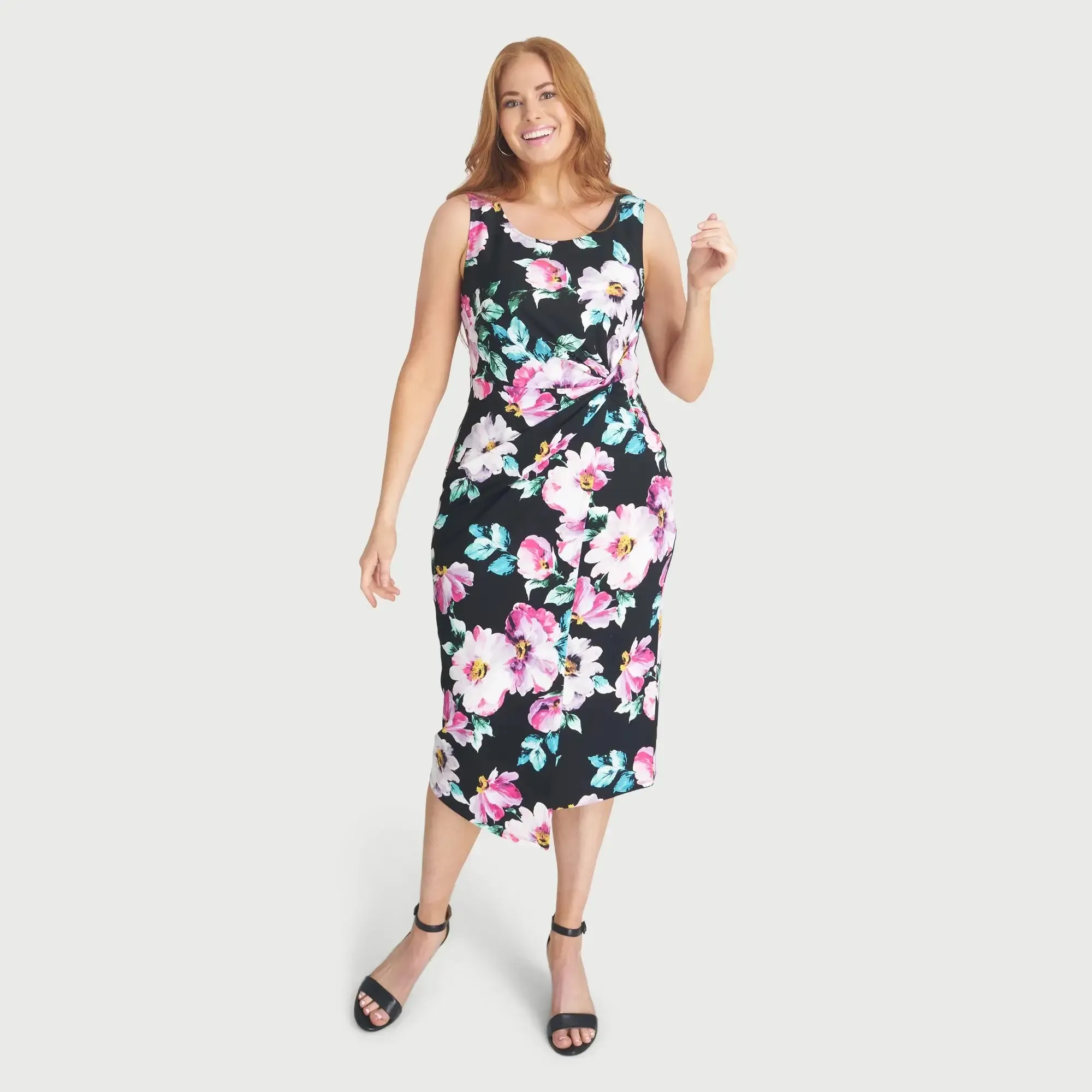 Selena Black Floral Sleeveless Knot Dress