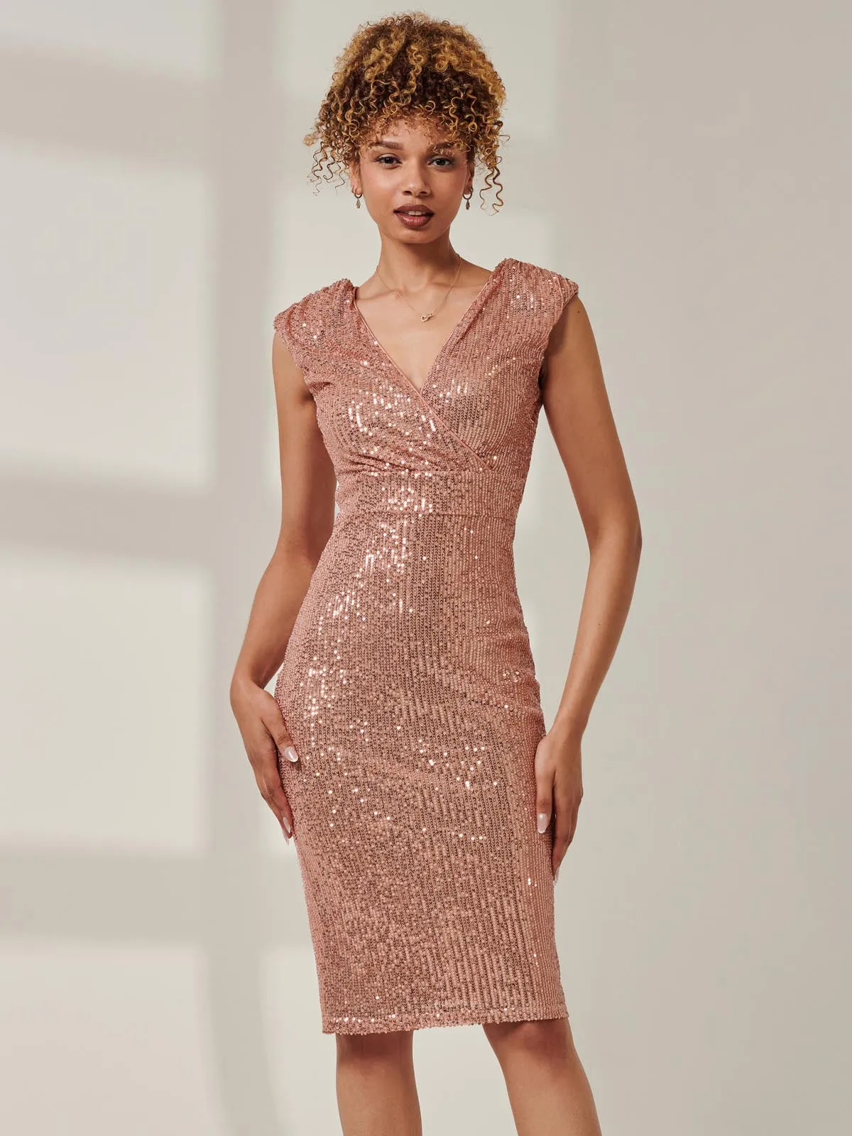 Sequin Wrap Detail Hourglass Dress, Rose Gold