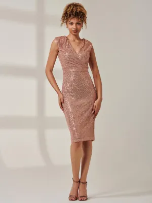 Sequin Wrap Detail Hourglass Dress, Rose Gold