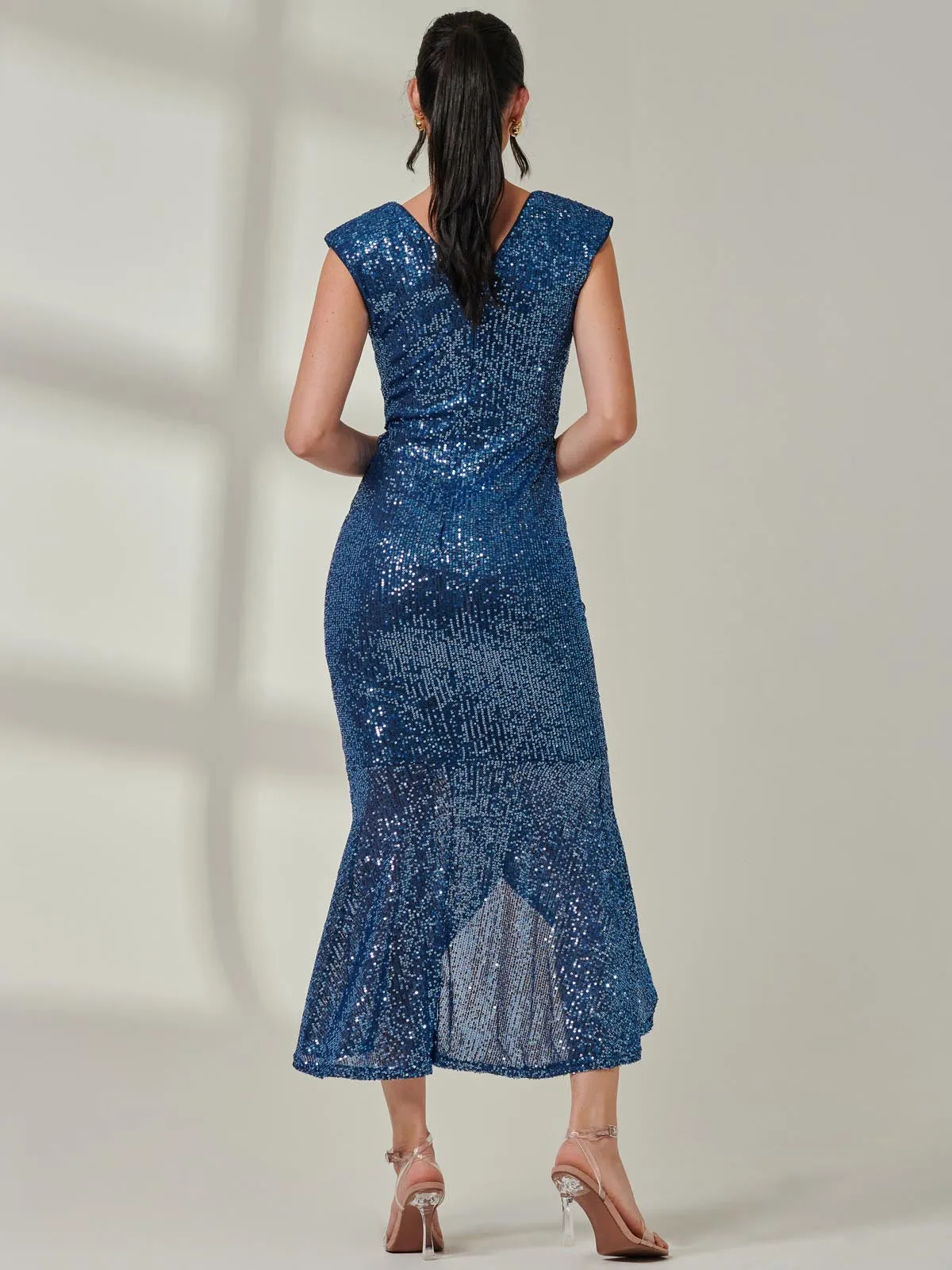 Sequin Wrap Fishtail Maxi Dress, Navy