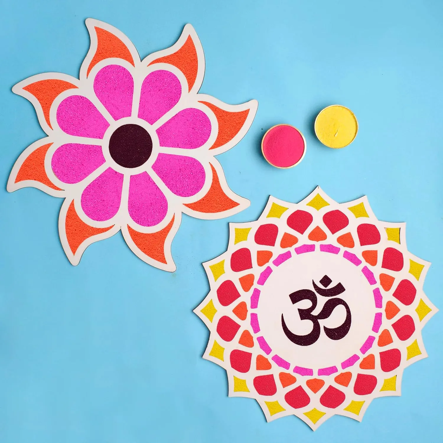 Set Of 2 Wooden MDF Mat Reusable Portable Rangoli Stencils Template Mat Readymade Rangoli Craft Just Fill with Rangoli or Petals Traditional Door Entrance Floor Pooja Room Mandir Diwali Decoration Items-12 Inch