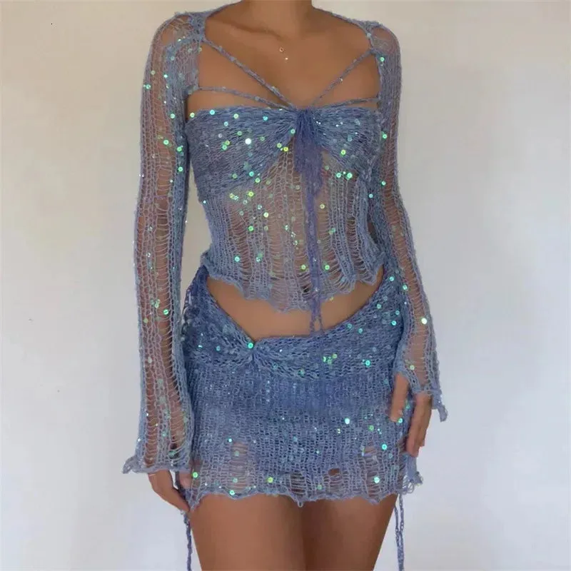 Sexy sequin knitted sweater party dress 3-piece ski set womens dress glittering long sleeved See Through Clue Wear dress 240529