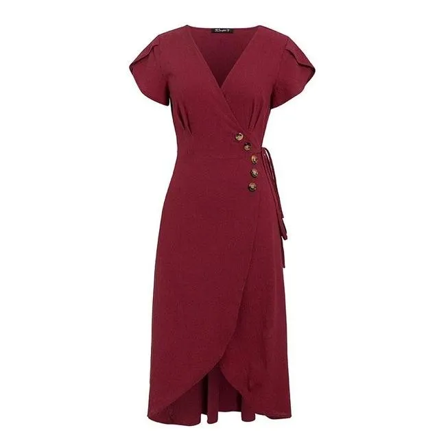 Sexy V-Neck Wrap Dress Casual Solid A-Line Summer Midi Bodycon Dress