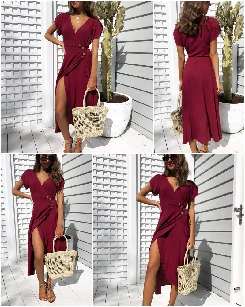 Sexy V-Neck Wrap Dress Casual Solid A-Line Summer Midi Bodycon Dress