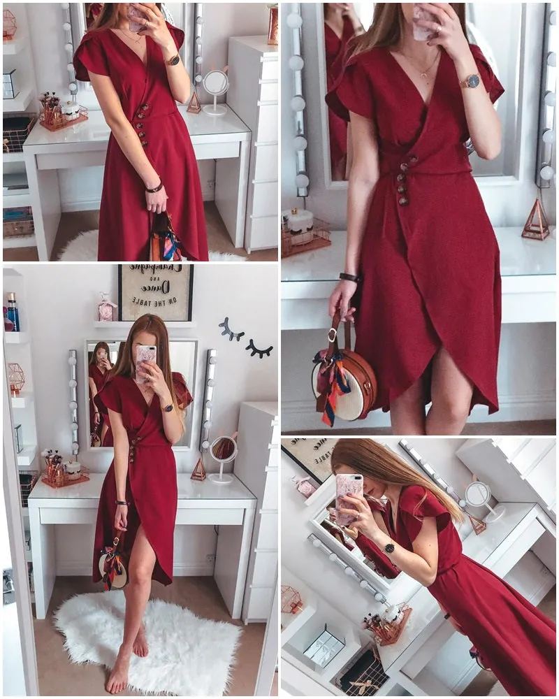 Sexy V-Neck Wrap Dress Casual Solid A-Line Summer Midi Bodycon Dress