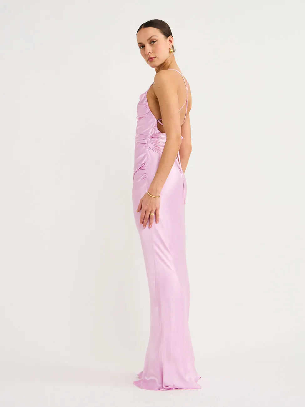 Shona Joy Ruched Backless Slip Dress in Peony