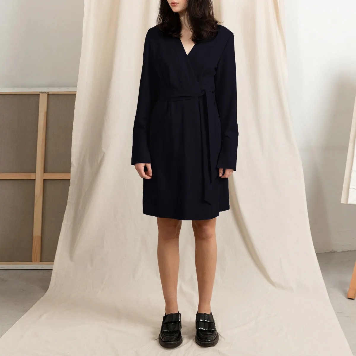 Short Wool Wrap Dress Dark Blue