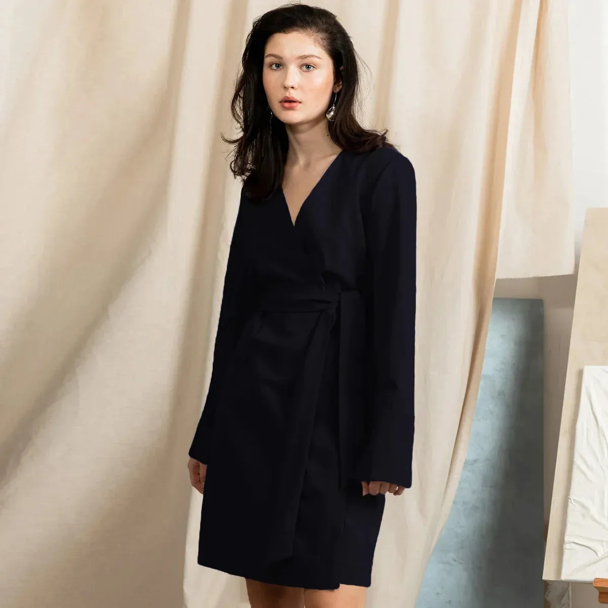 Short Wool Wrap Dress Dark Blue