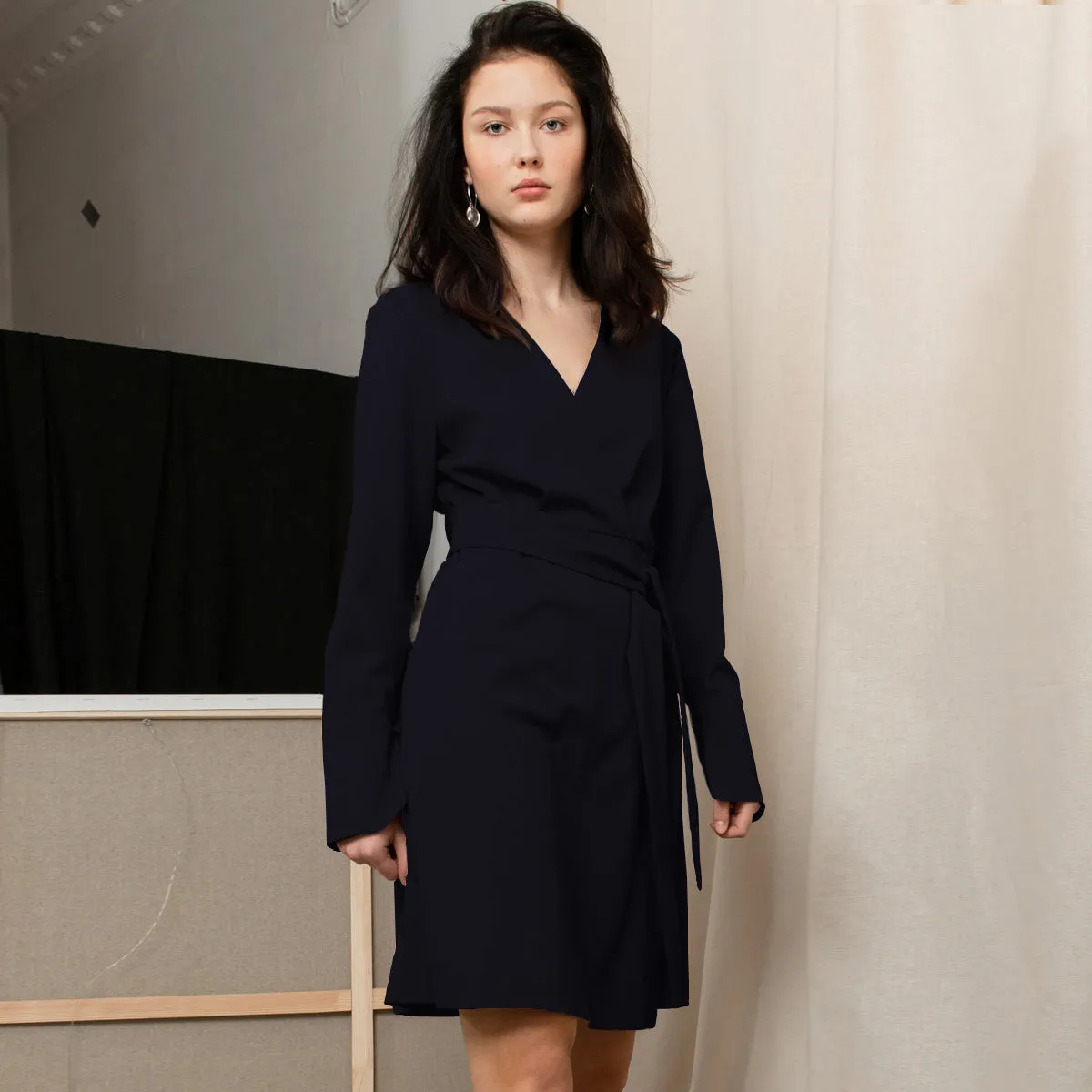 Short Wool Wrap Dress Dark Blue