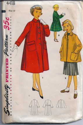 Simplicity 4418 Girls Full Length Coat Vintage Sewing Pattern 1950s